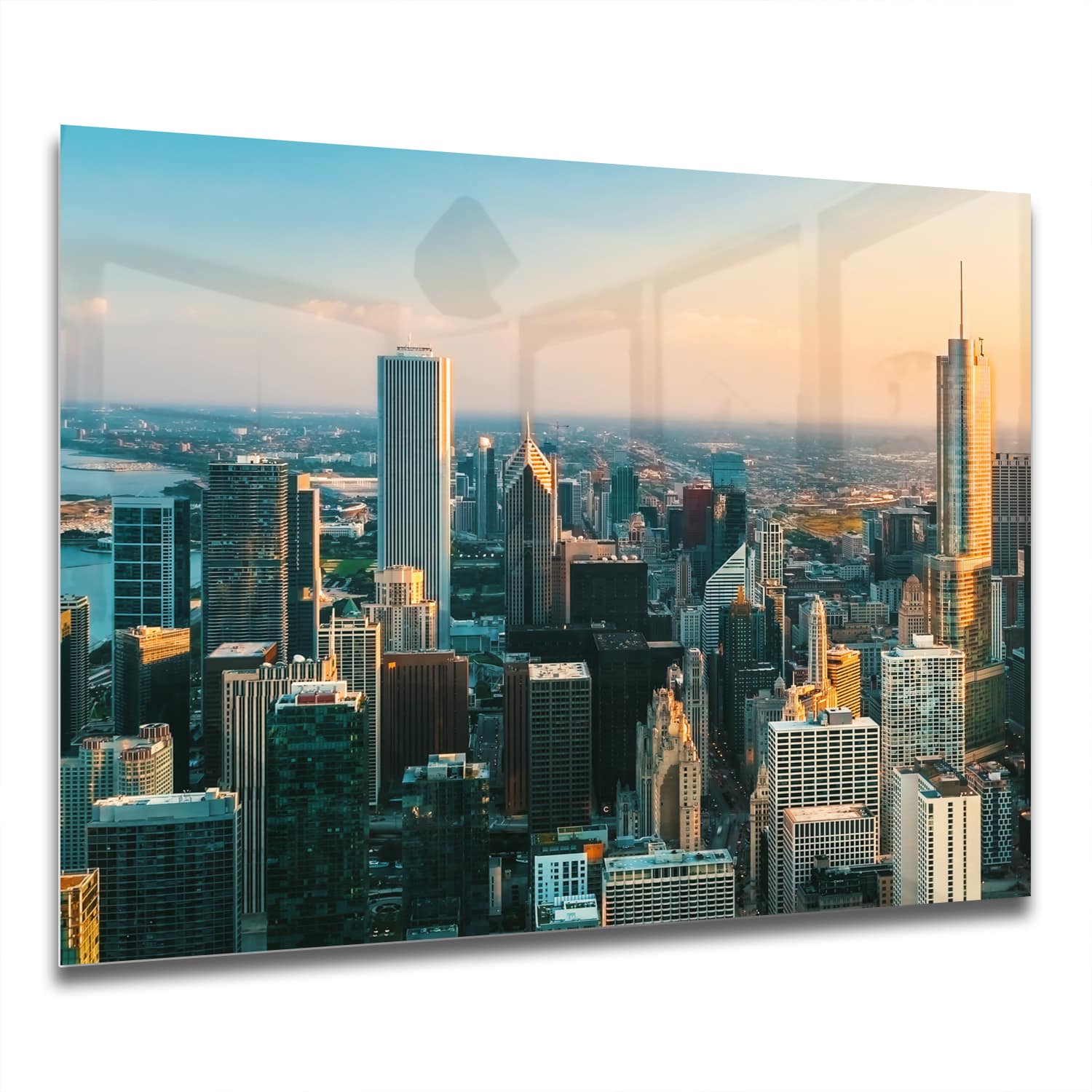 Eigen Afmeting - Spatscherm Keuken - Hittebestendig gehard glas - Chicago Skyline bij Zonsondergang