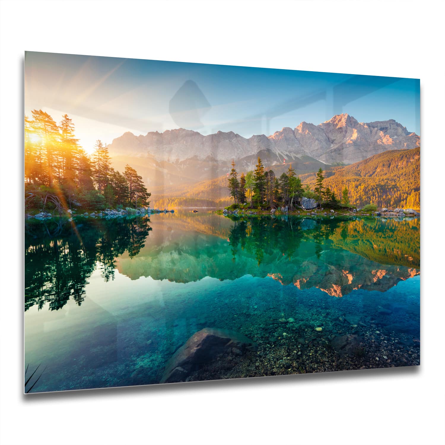 Eigen Afmeting - Spatscherm Keuken - Hittebestendig gehard glas - Zonsopgang bij Eibsee Meer