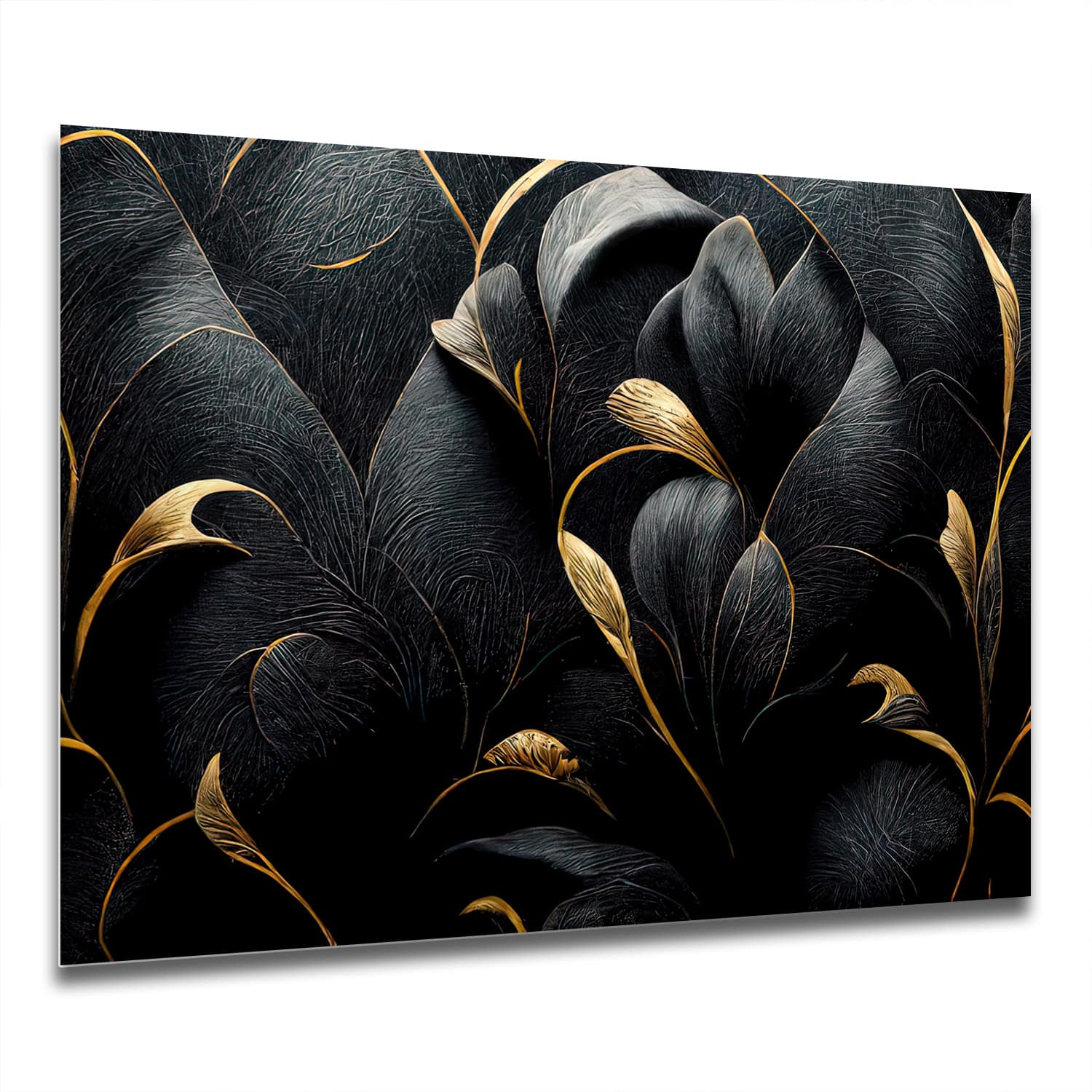 Eigen Afmeting - Spatscherm Keuken - Hittebestendig gehard glas - Luxe Zwarte en Gouden Bloemenpatroon