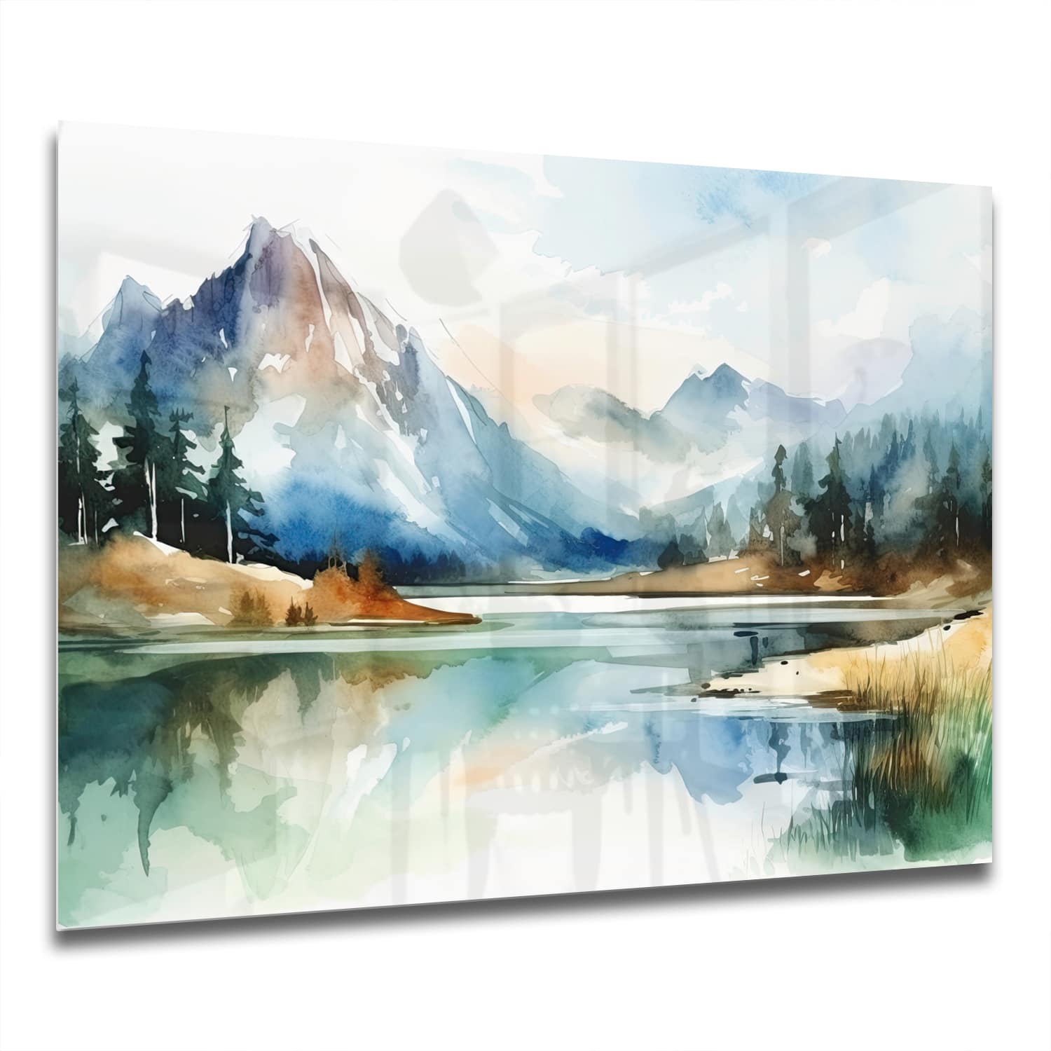 Eigen Afmeting - Spatscherm Keuken - Hittebestendig gehard glas - Waterverf Schilderij van Bergen