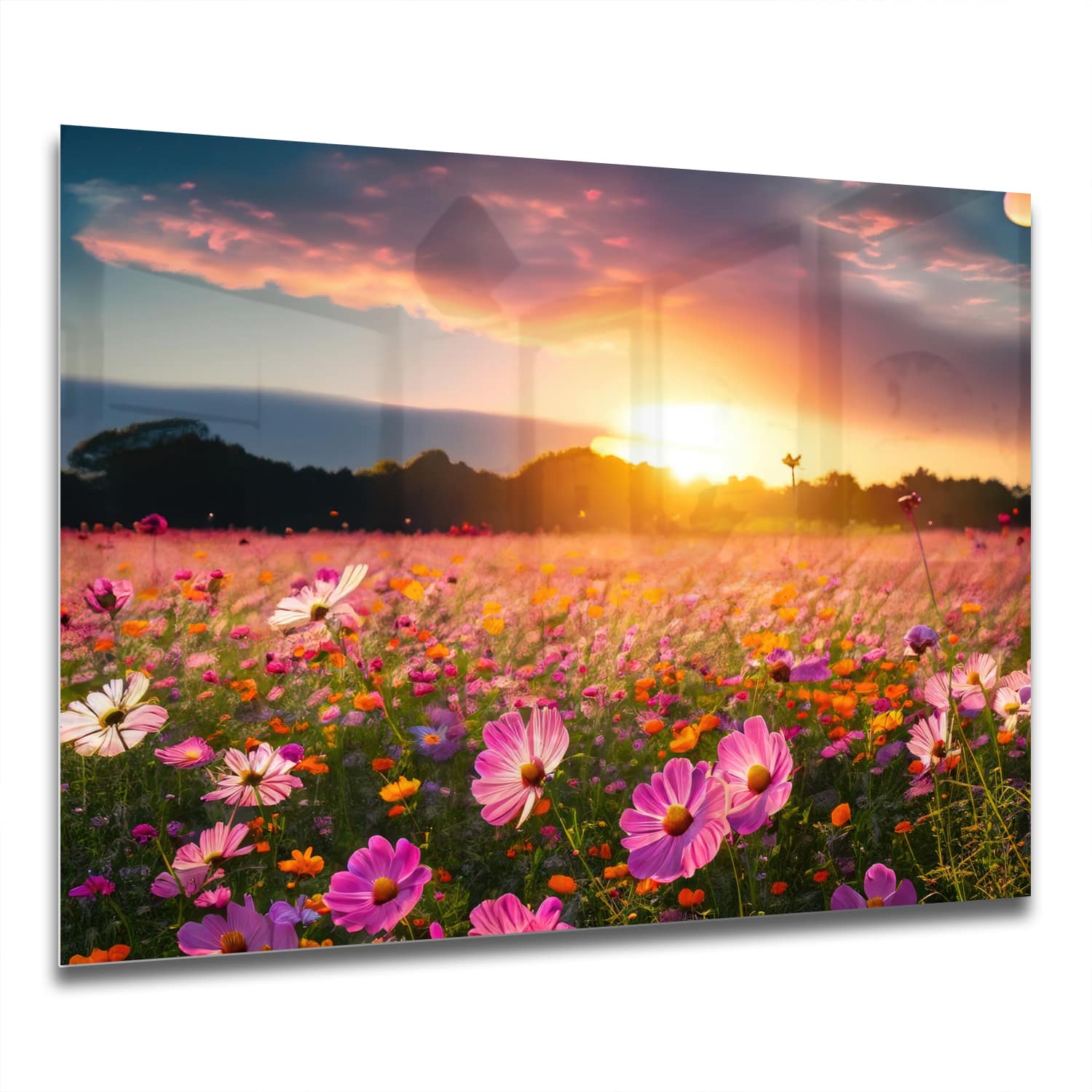 Eigen Afmeting - Spatscherm Keuken - Hittebestendig gehard glas - Zomerbloemen bij Zonsondergang