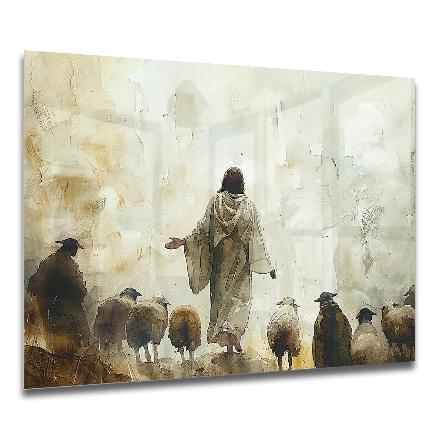 Eigen Afmeting - Spatscherm Keuken - Hittebestendig gehard glas - Waterverf Schilderij Jezus