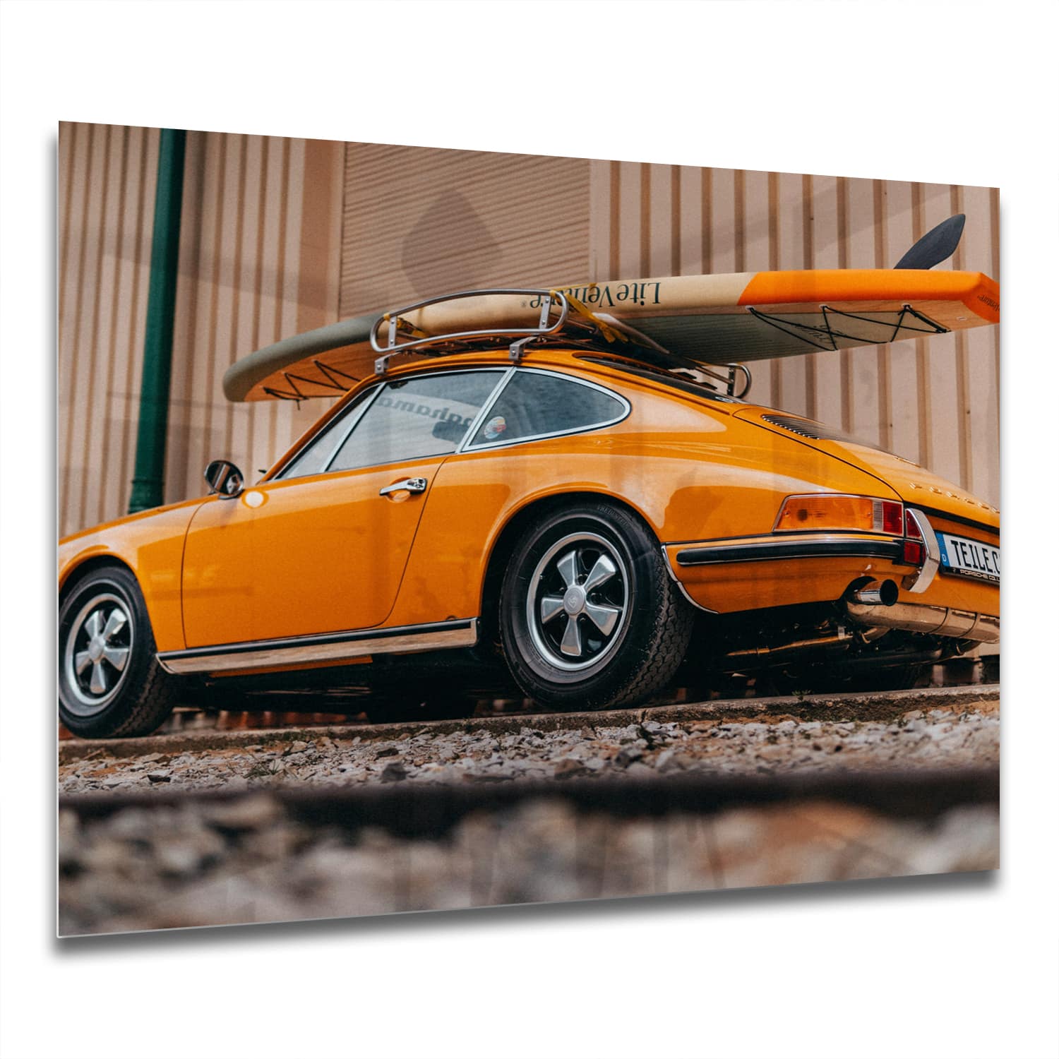 Eigen Afmeting - Spatscherm Keuken - Hittebestendig gehard glas - Porsche met Surfboard
