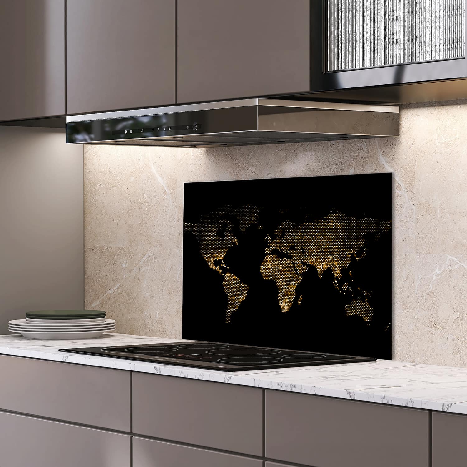Eigen afmeting spatscherm-op-maat Keuken - Hittebestendig gehard glas - Gouden Wereldkaart