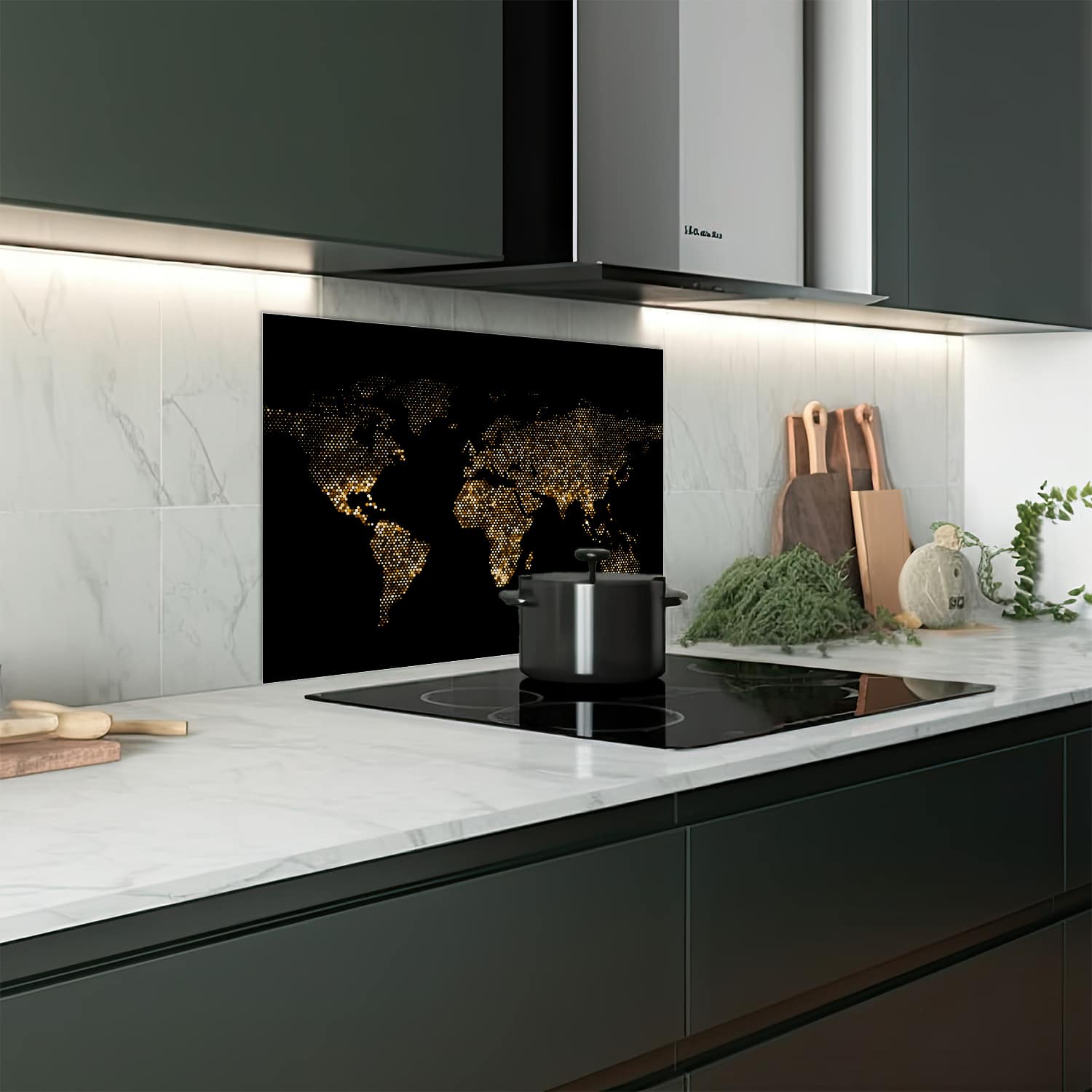 Eigen afmeting spatscherm-op-maat Keuken - Hittebestendig gehard glas - Gouden Wereldkaart