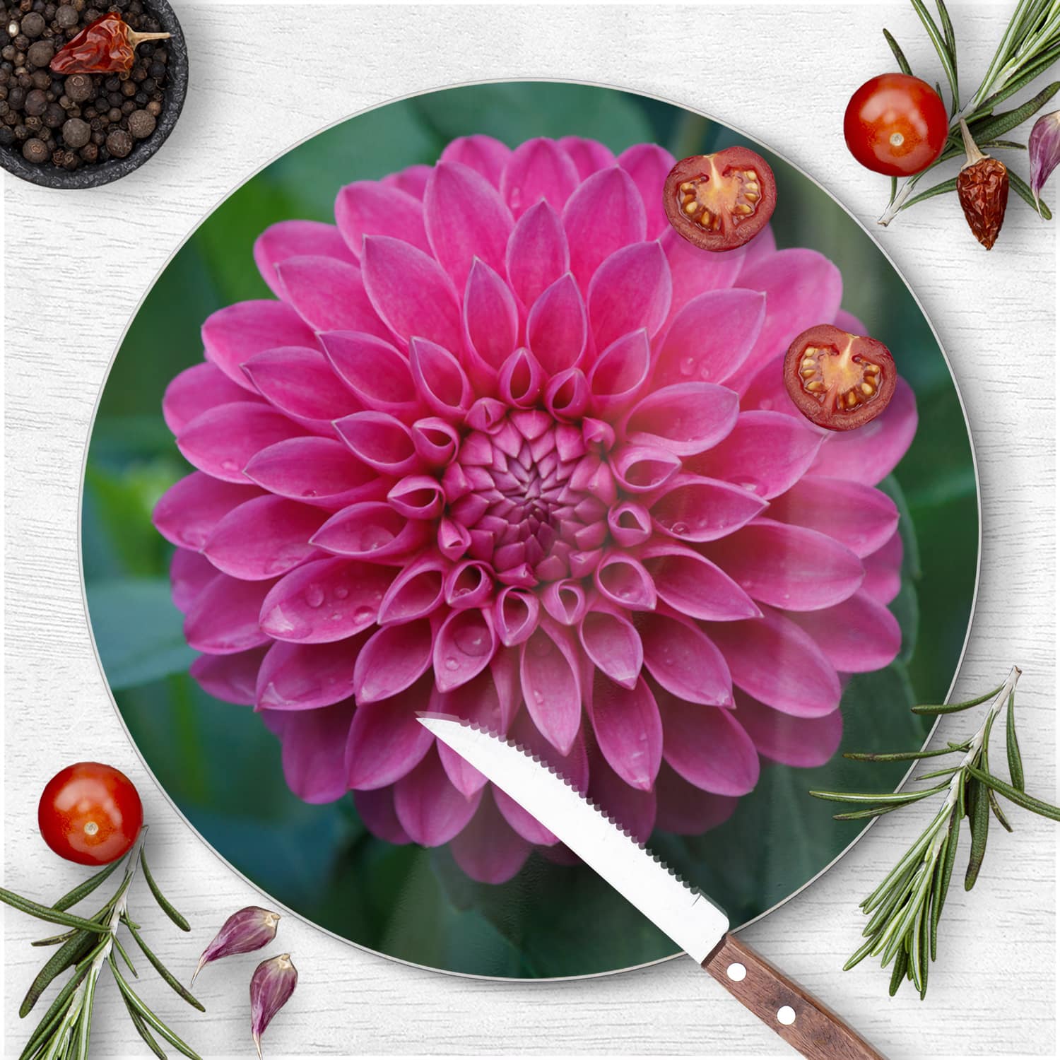 Snijplank Rond - Gehard Glas - Roze Dahlia