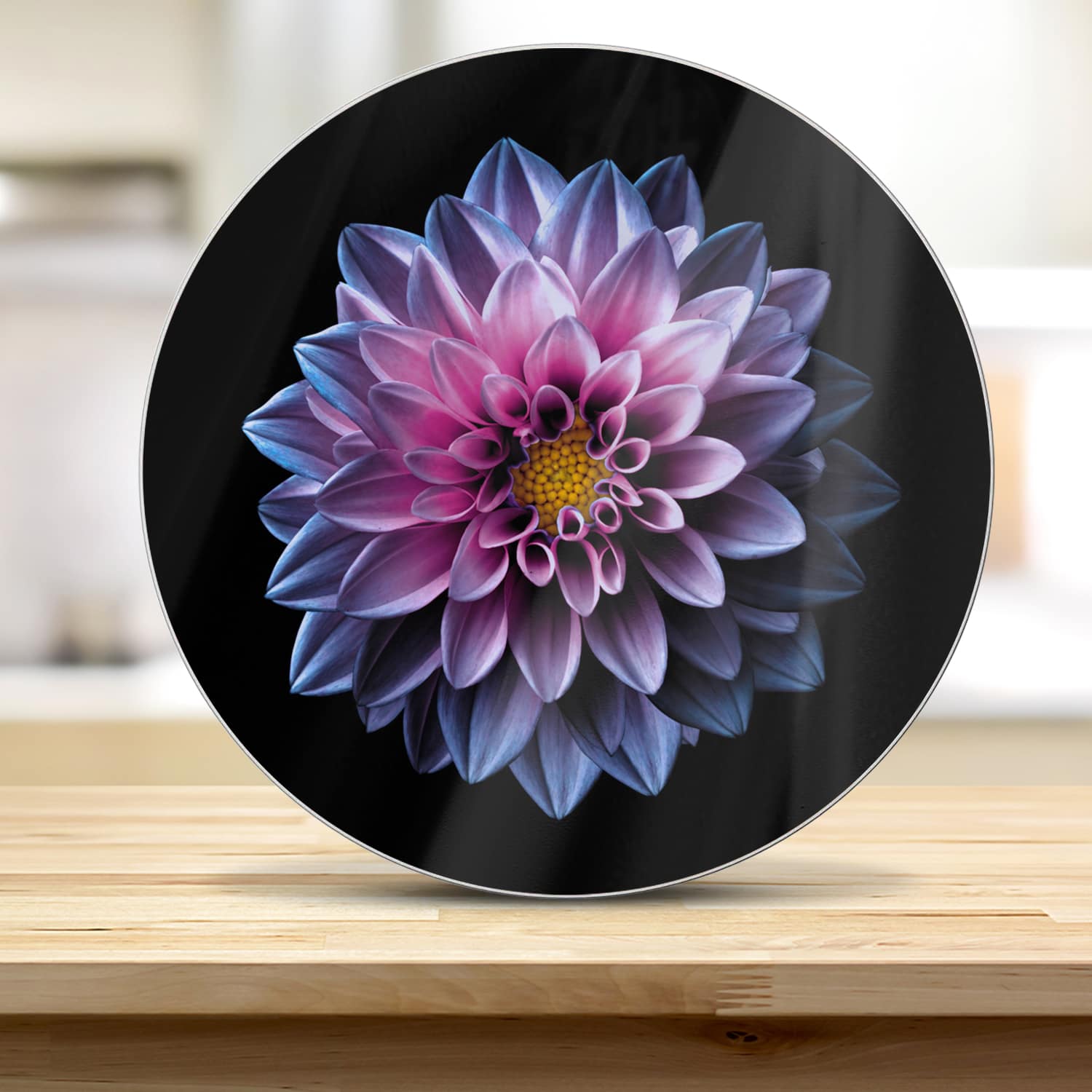 Snijplank Rond - Gehard Glas - Blauw/Roze Dahlia