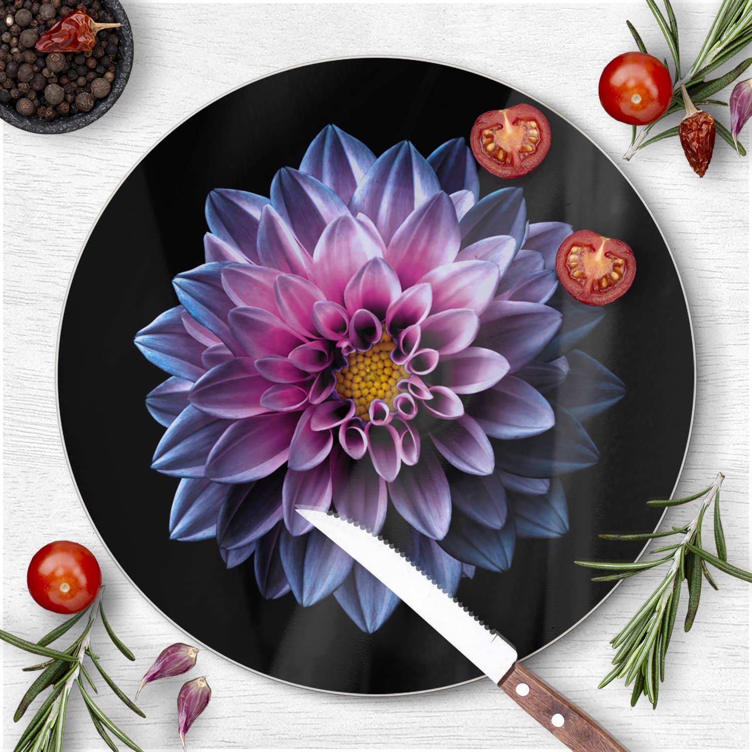 Snijplank Rond - Gehard Glas - Blauw/Roze Dahlia