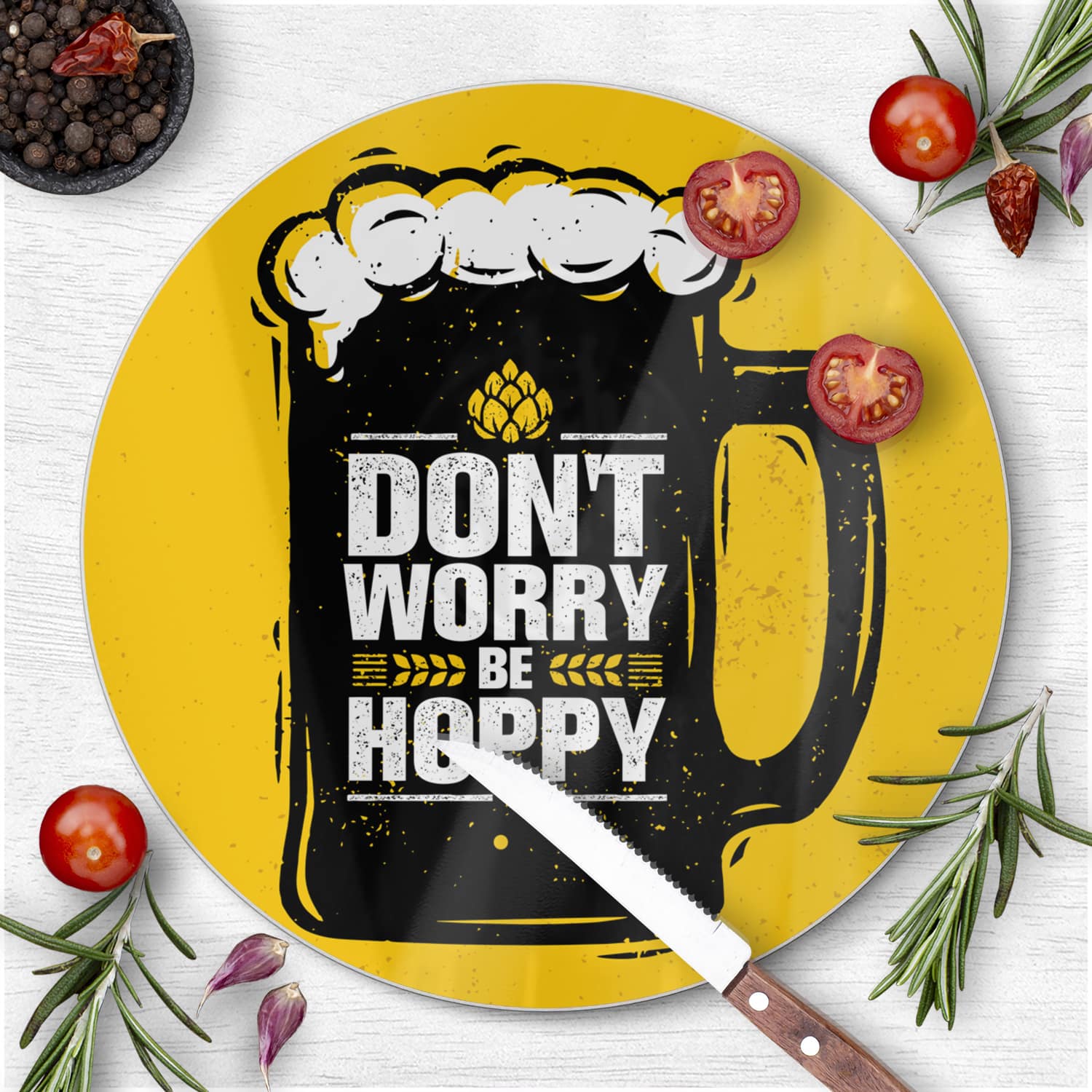 Snijplank Rond - Gehard Glas - Don't Worry Be Hoppy