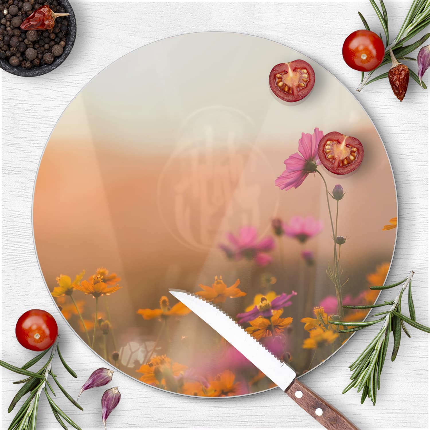 Snijplank Rond - Gehard Glas - Kleurrijke Bloemen bij Zonsondergang