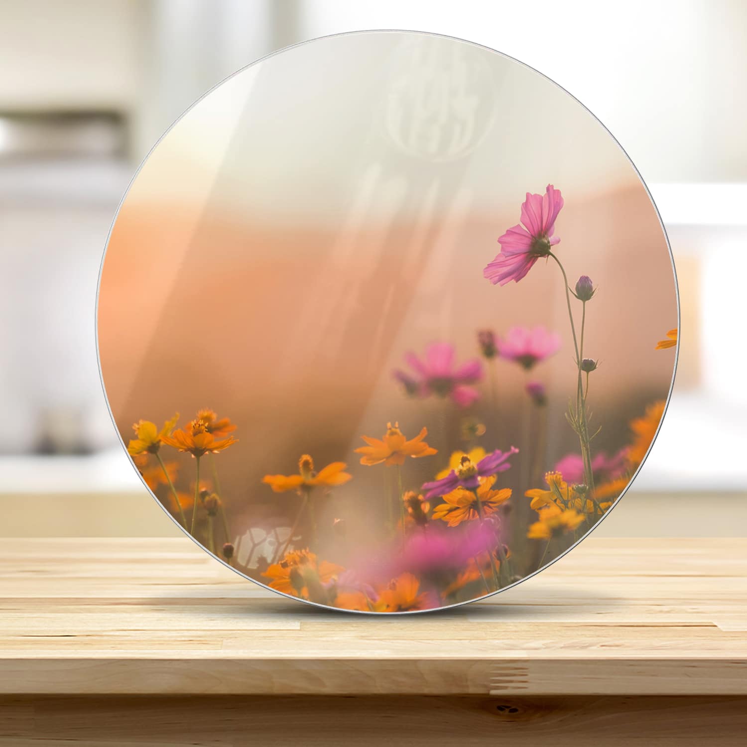 Snijplank Rond - Gehard Glas - Kleurrijke Bloemen bij Zonsondergang