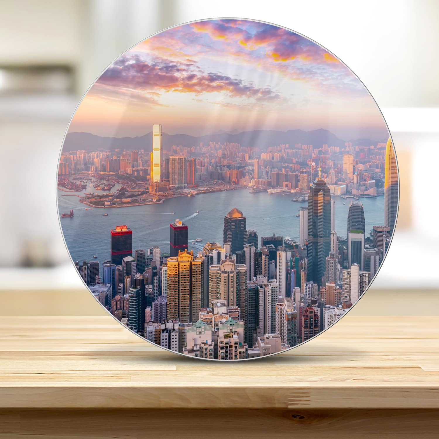 Snijplank Rond - Gehard Glas - Hong Kong Skyline