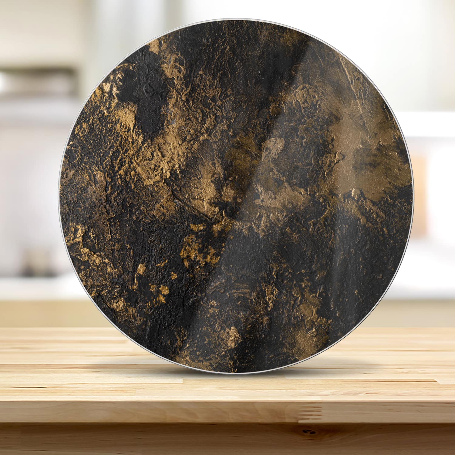 Snijplank Rond - Gehard Glas - Black-Gold Textuur