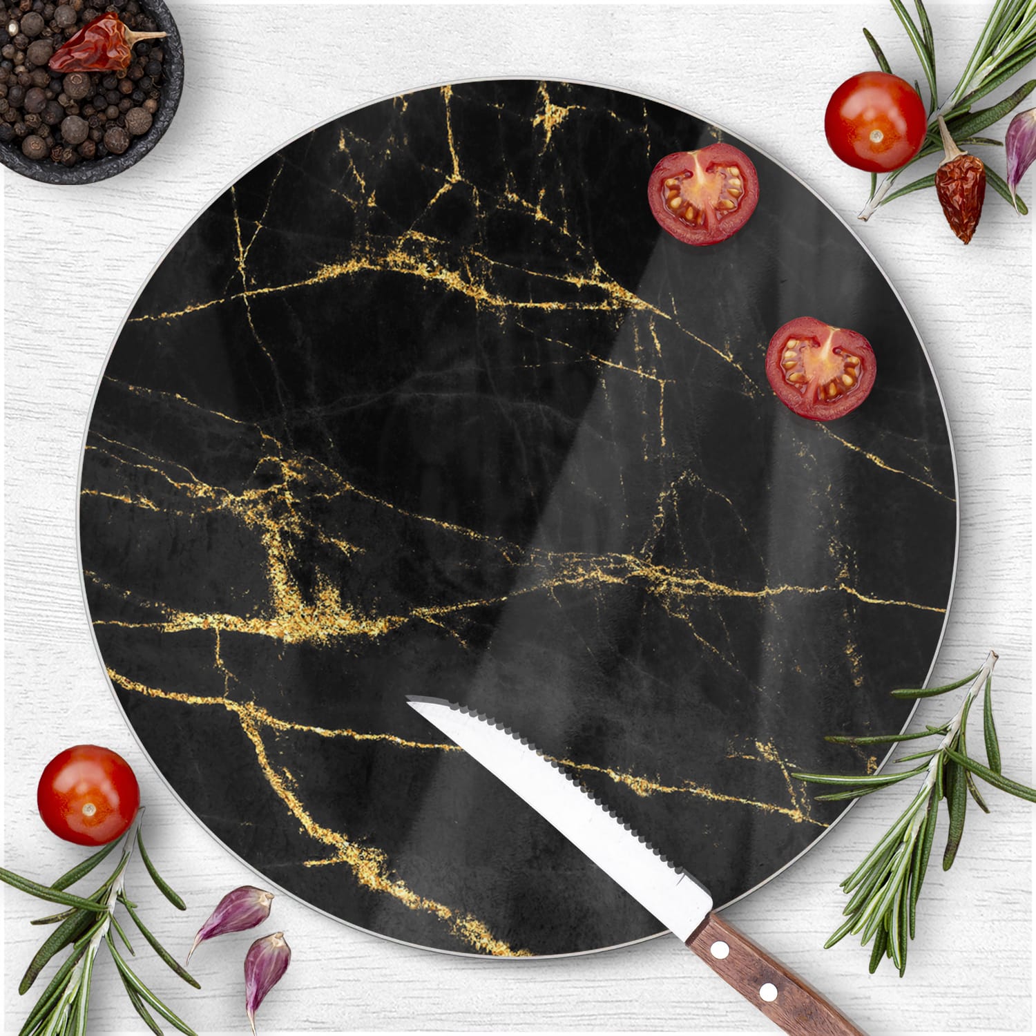 Snijplank Rond - Gehard Glas - Black-Gold Marmer