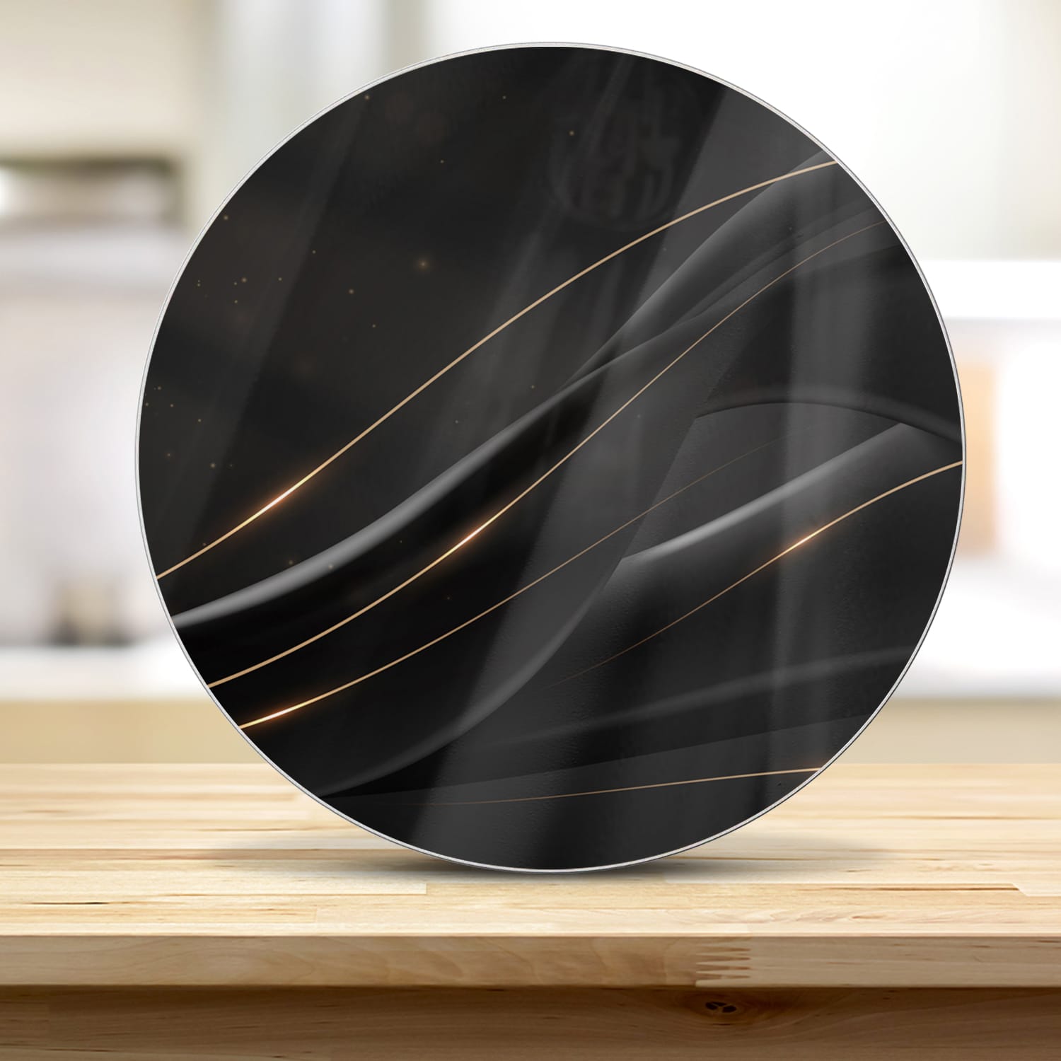 Snijplank Rond - Gehard Glas - Black-Gold Abstract