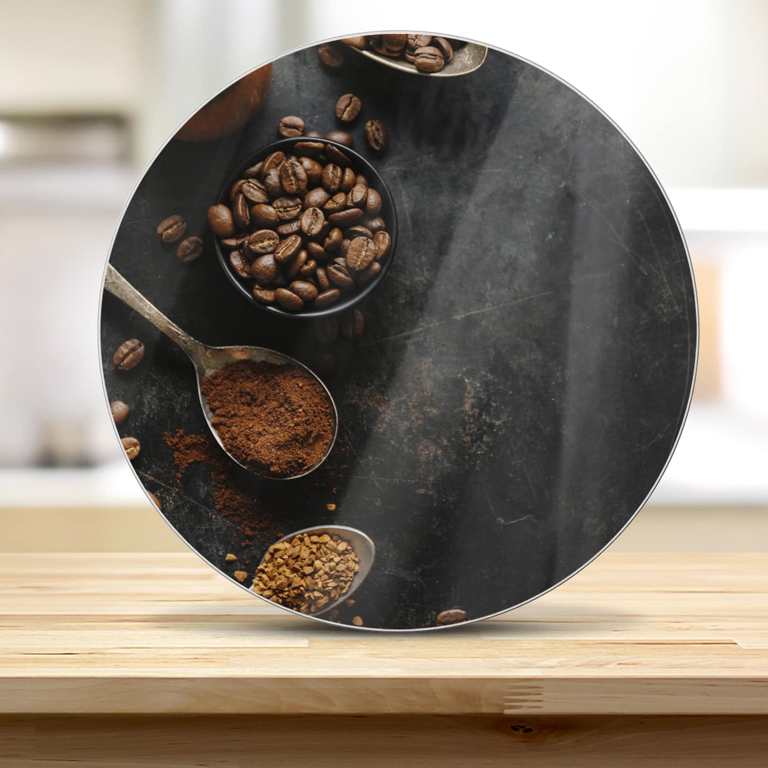 Snijplank Rond - Gehard Glas - Koffiebonen en Gemalen Koffie