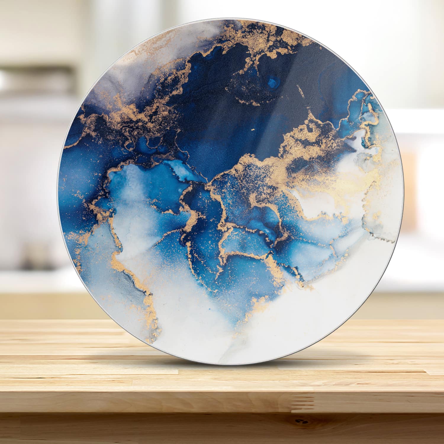 Snijplank Rond - Gehard Glas - Luxe Blauw-Goud Marmer