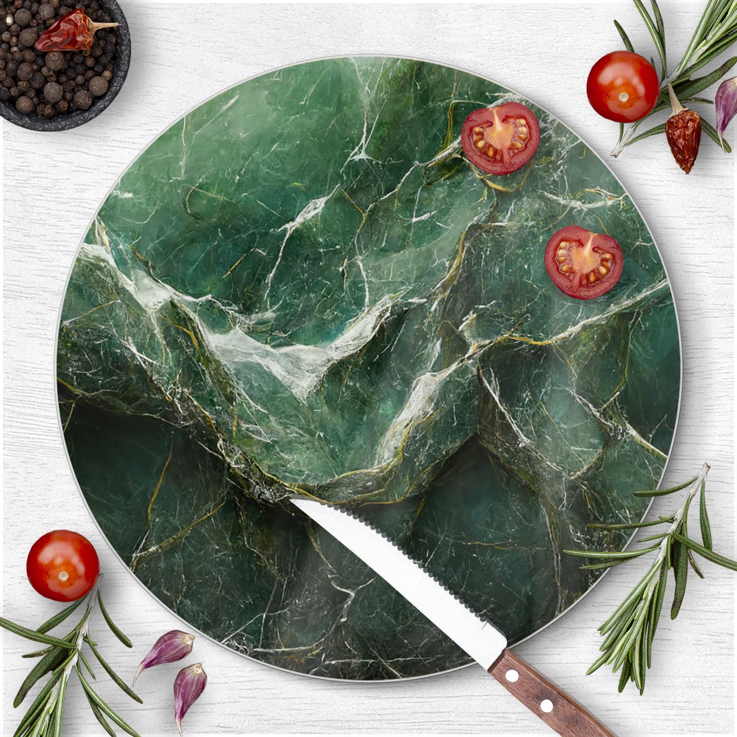 Snijplank Rond - Gehard Glas - Luxe Groen Marmer