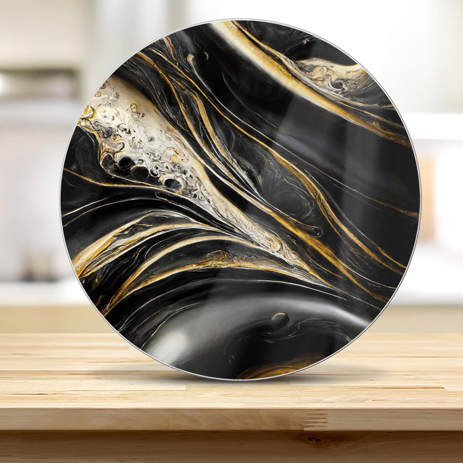 Snijplank Rond - Gehard Glas - Abstracte Goud en Zwart Marmer