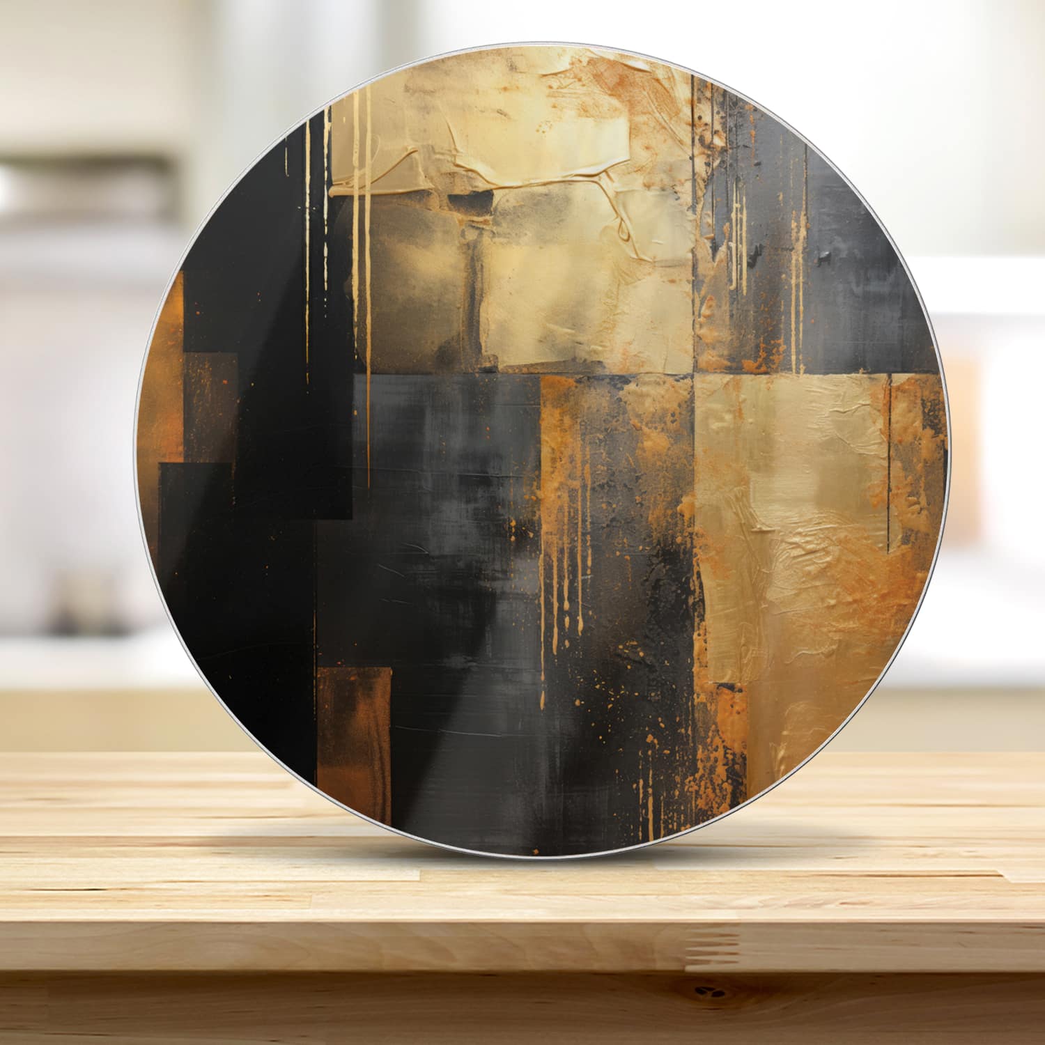 Snijplank Rond - Gehard Glas - Goud/Zwart Abstract schilderij