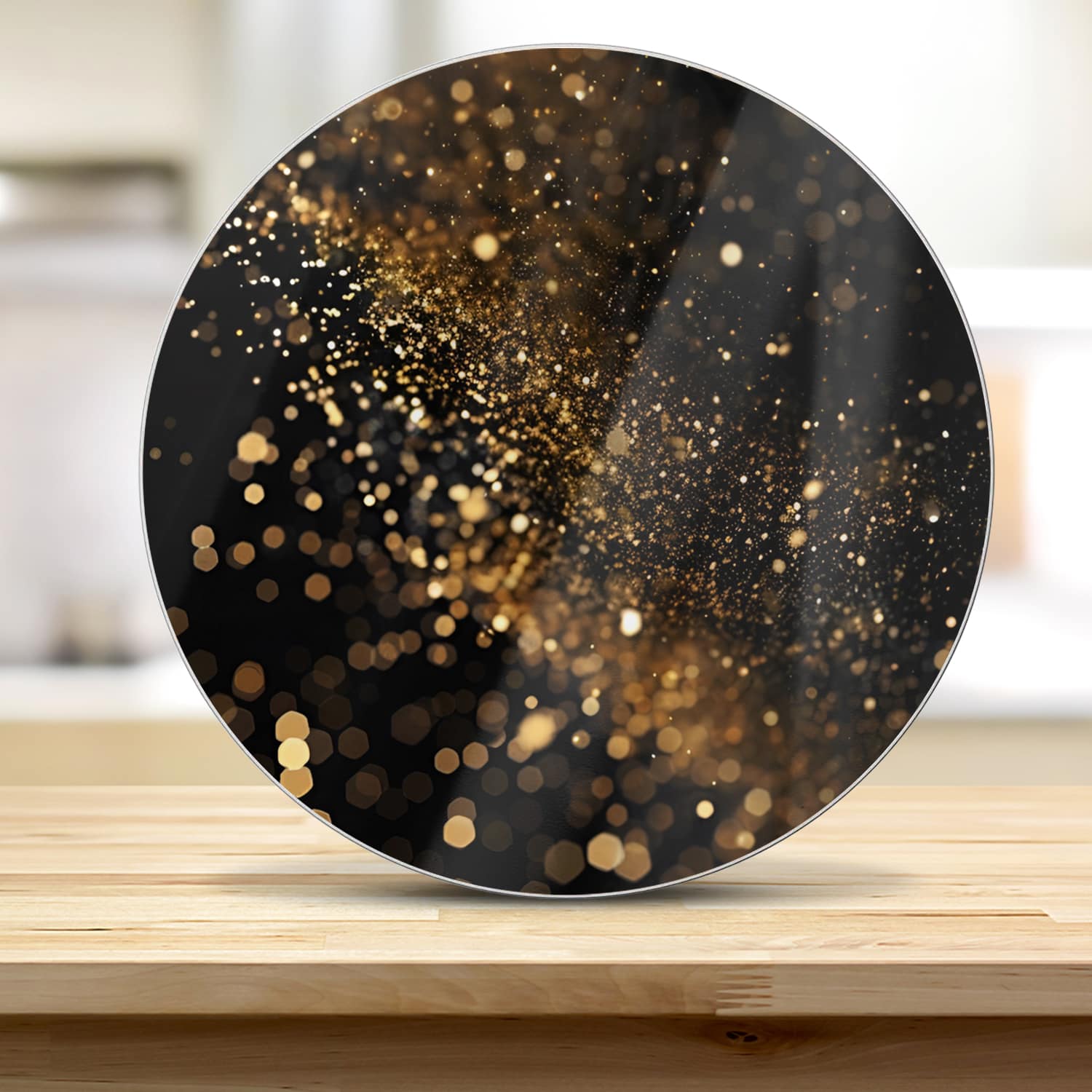 Snijplank Rond - Gehard Glas - Zwarte Achtergrond met Gouden Glitter