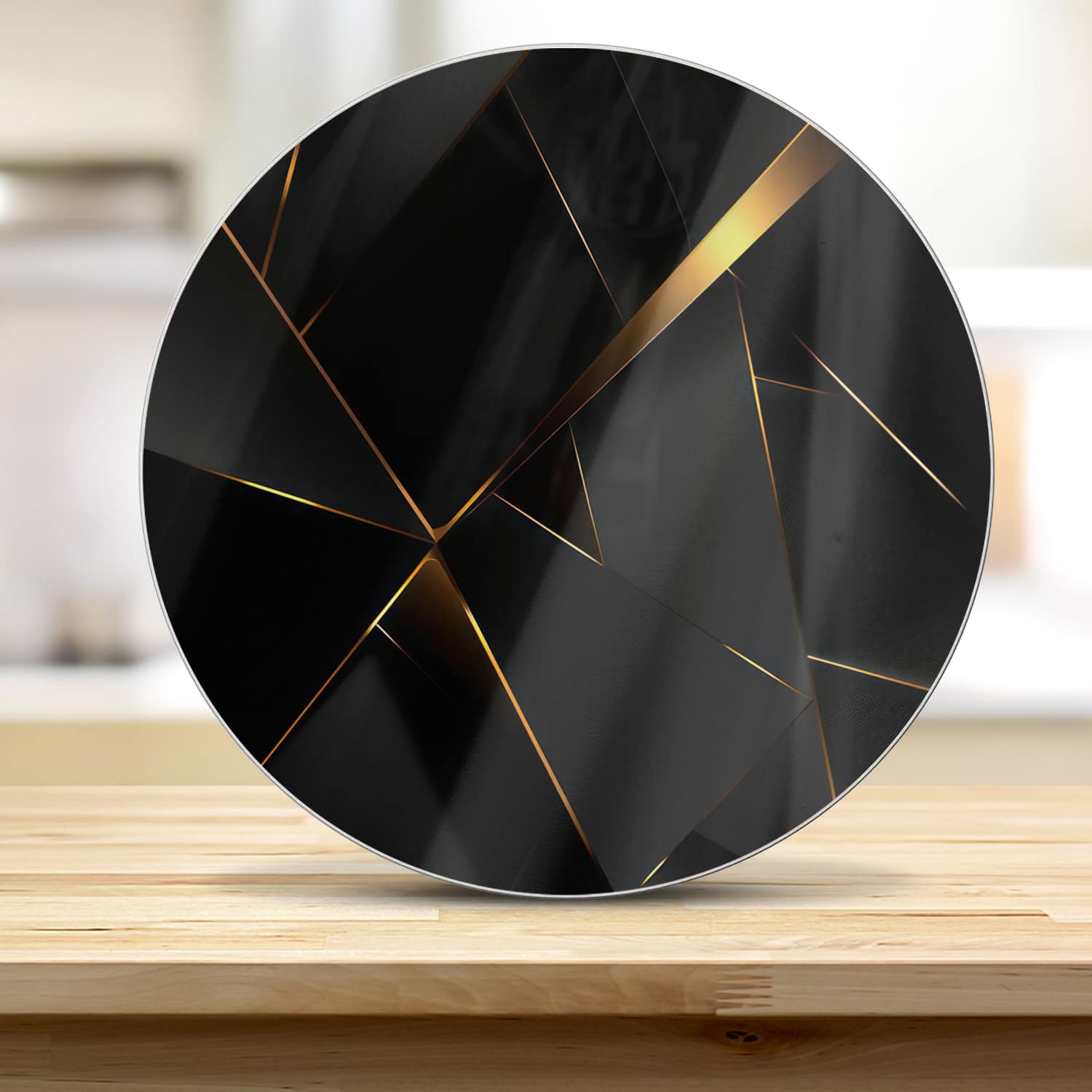 Snijplank Rond - Gehard Glas - Gouden Lijnen op Zwarte Geometrie