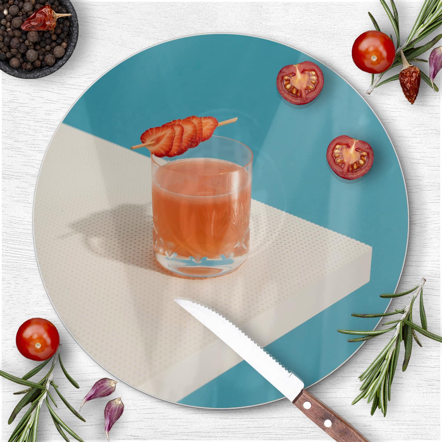 Snijplank Rond - Gehard Glas - Aardbeien Cocktail