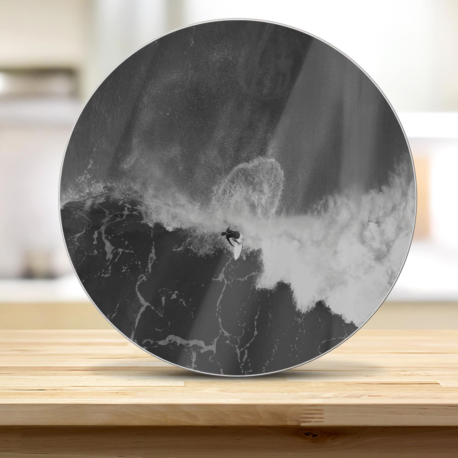Snijplank Rond - Gehard Glas - Zwart-Wit Surfer