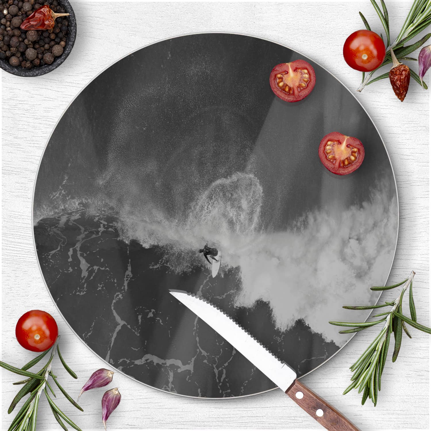 Snijplank Rond - Gehard Glas - Zwart-Wit Surfer