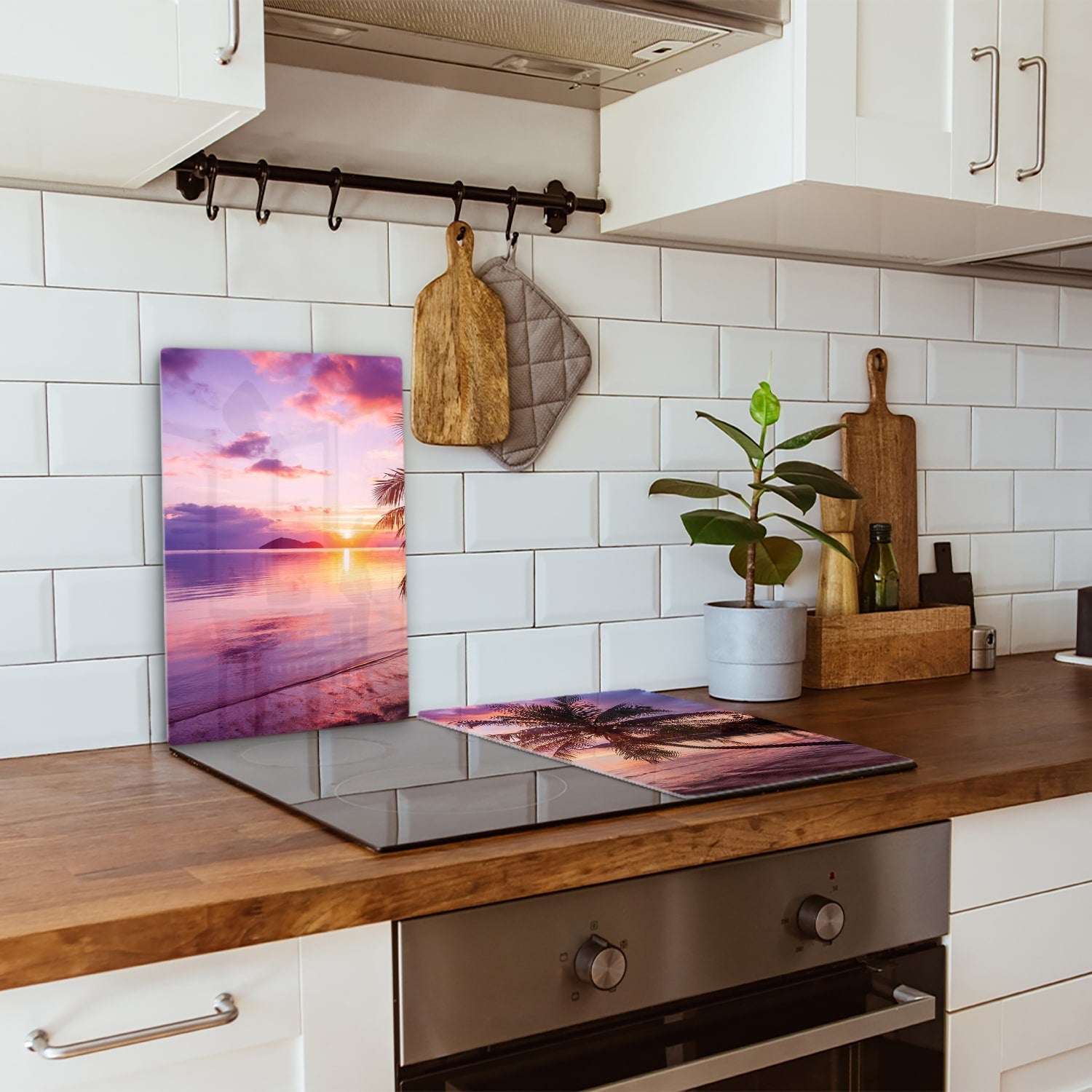 Eigen afmeting - Inductiebeschermer - Gehard Glas - Tropisch strand met zonsondergang