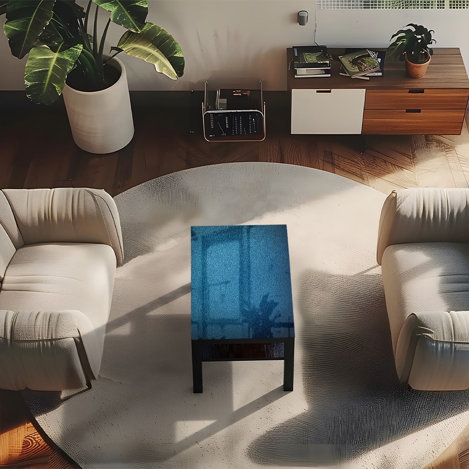 Salontafel 90x55 - Gehard Glas - Blauw Leer