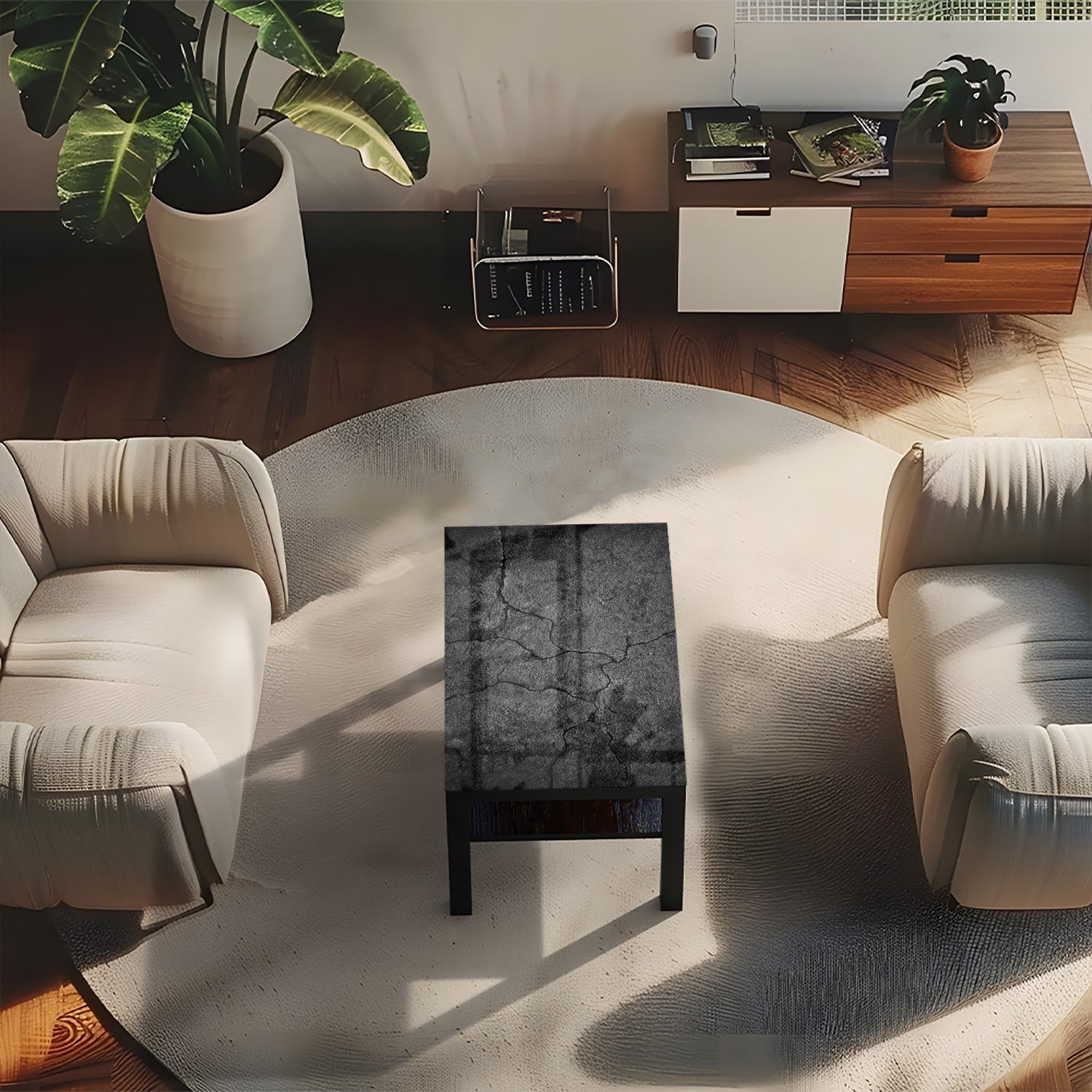 Salontafel 90x55 - Gehard Glas - Zwart Gescheurd Beton