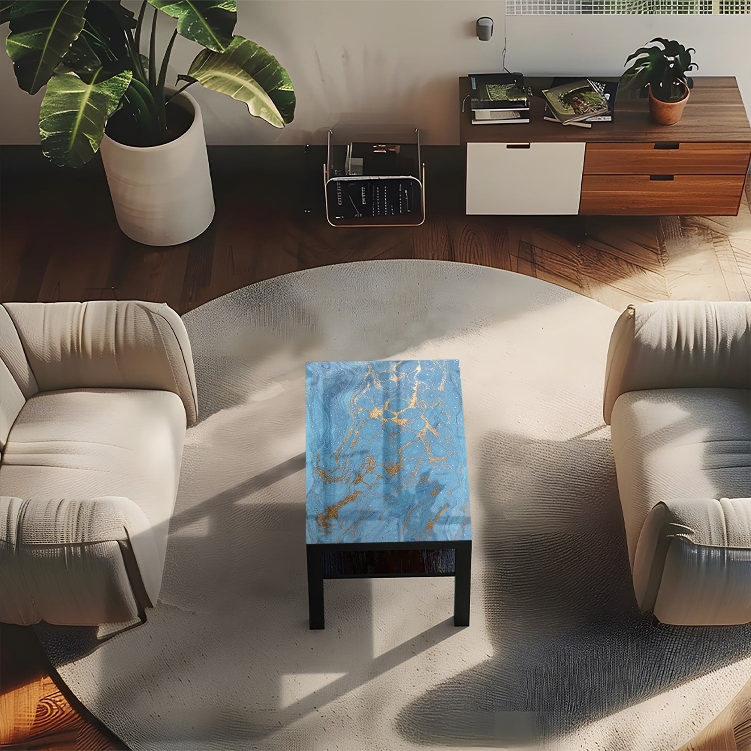 Salontafel 90x55 - Gehard Glas - Goud en Blauw Marmer