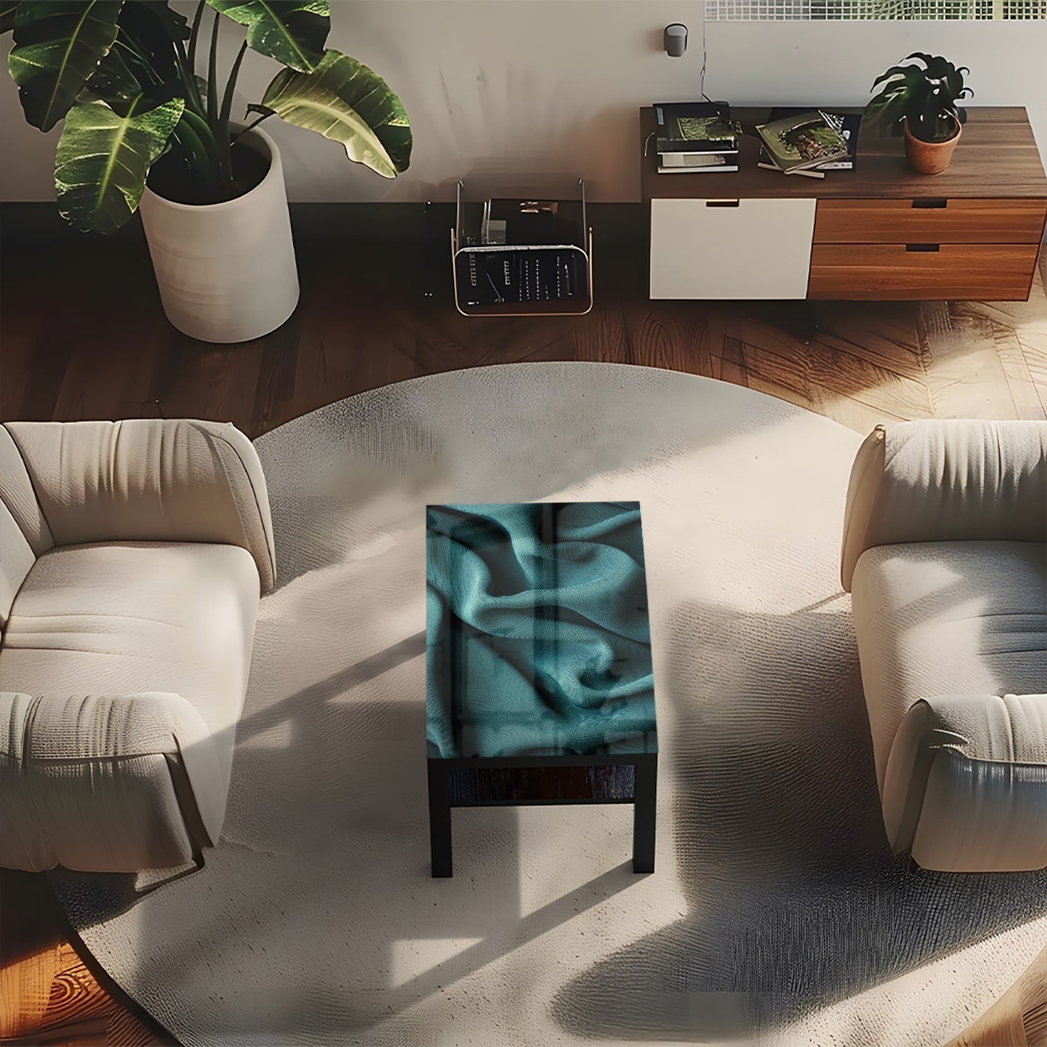 Salontafel 90x55 - Gehard Glas - Groene Stof Textuur
