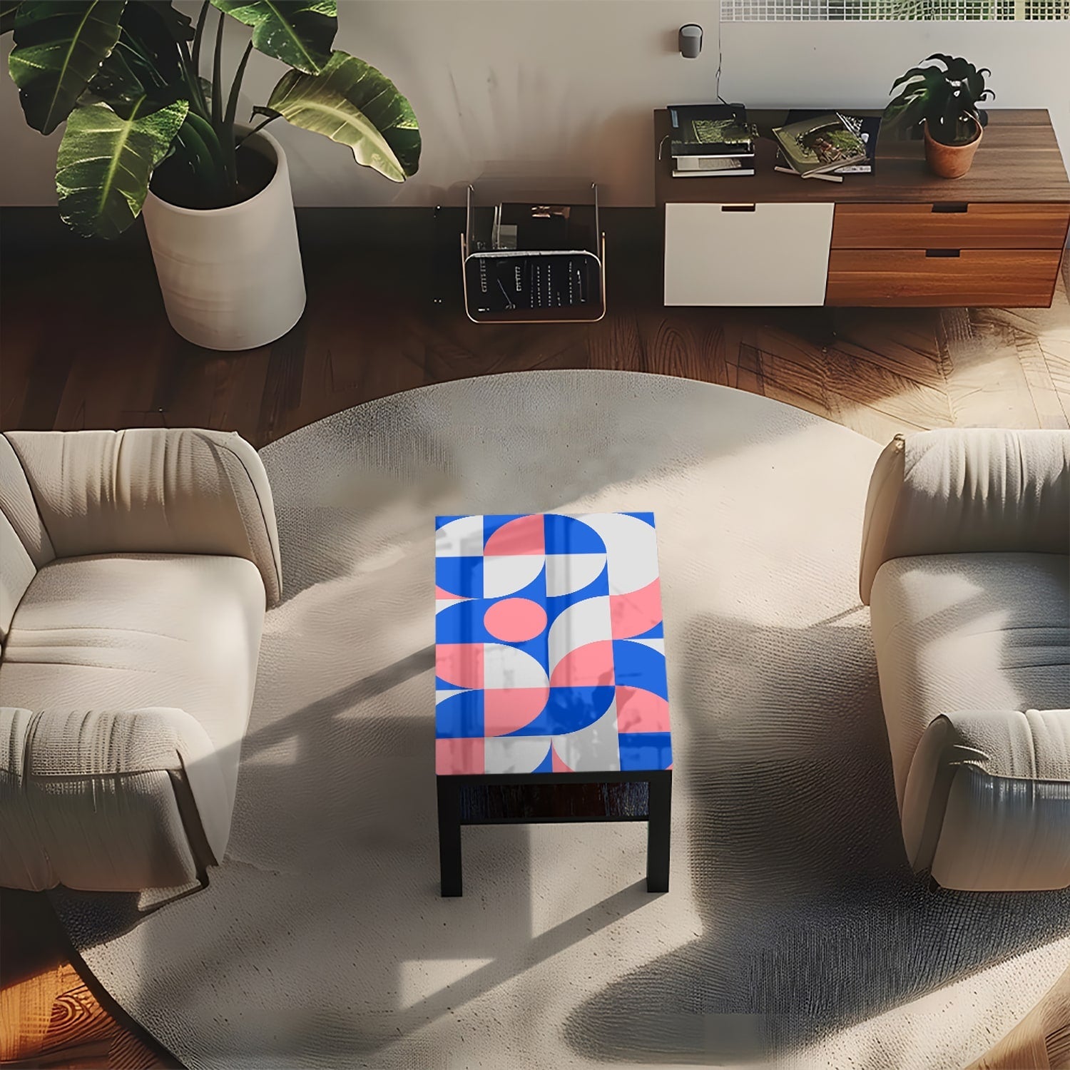 Salontafel 90x55 - Gehard Glas - Blauw/Oranje Abstract Kunstwerk