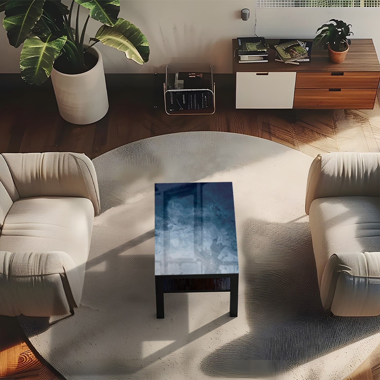 Salontafel 90x55 - Gehard Glas - Blauwe Waterverf Textuur