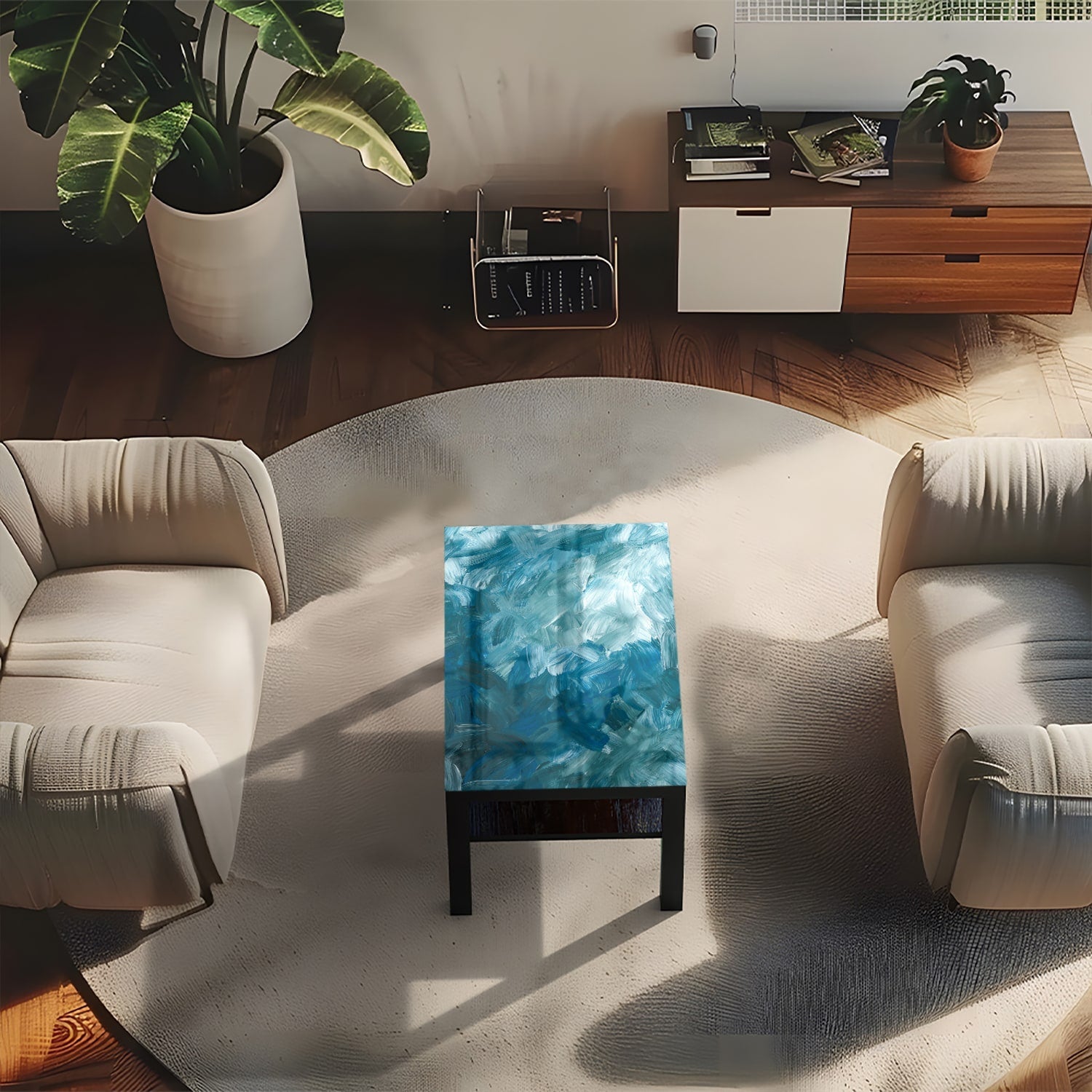 Salontafel 90x55 - Gehard Glas - Abstracte Blauwe Penseelstroken