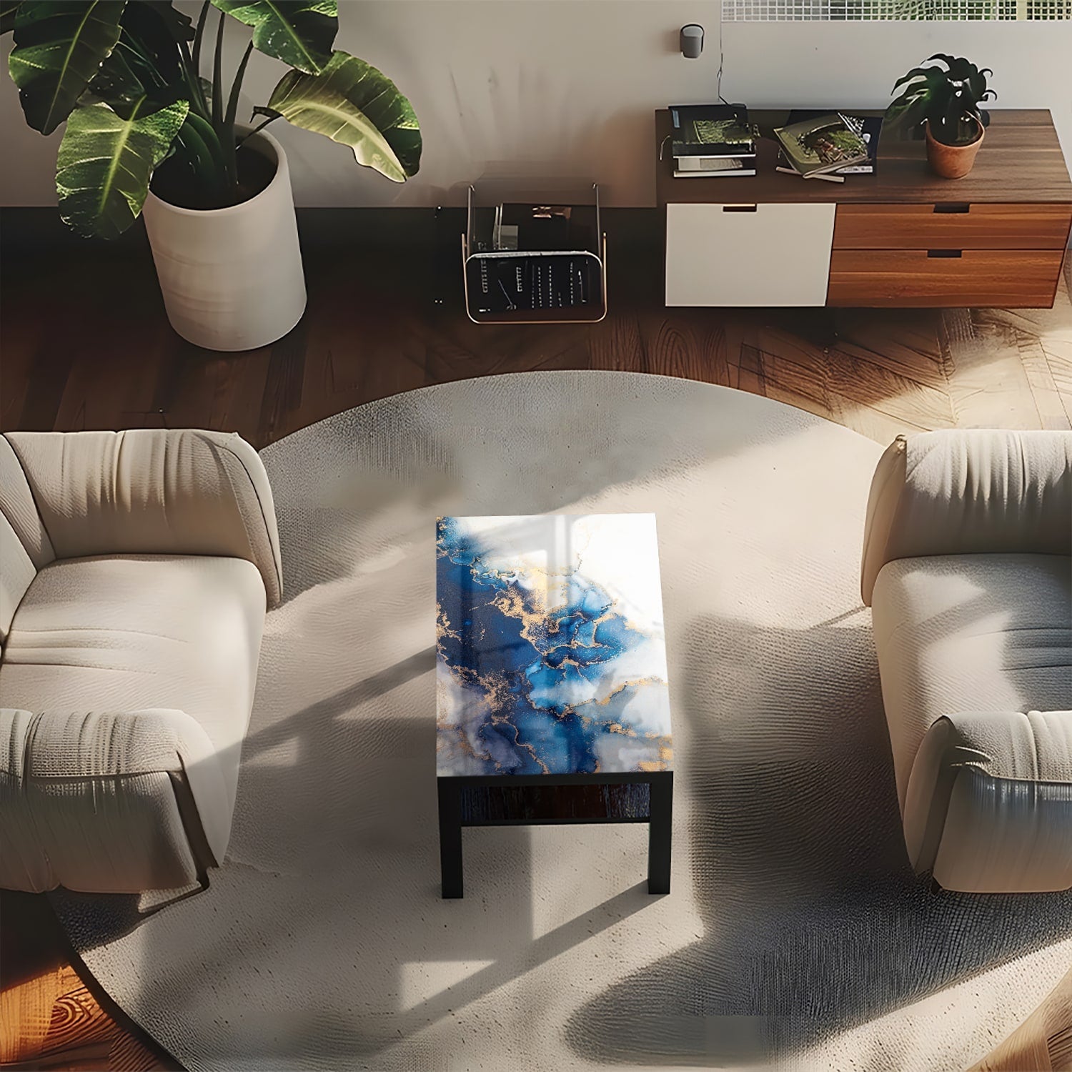 Salontafel 90x55 - Gehard Glas - Luxe Blauw-Goud Marmer
