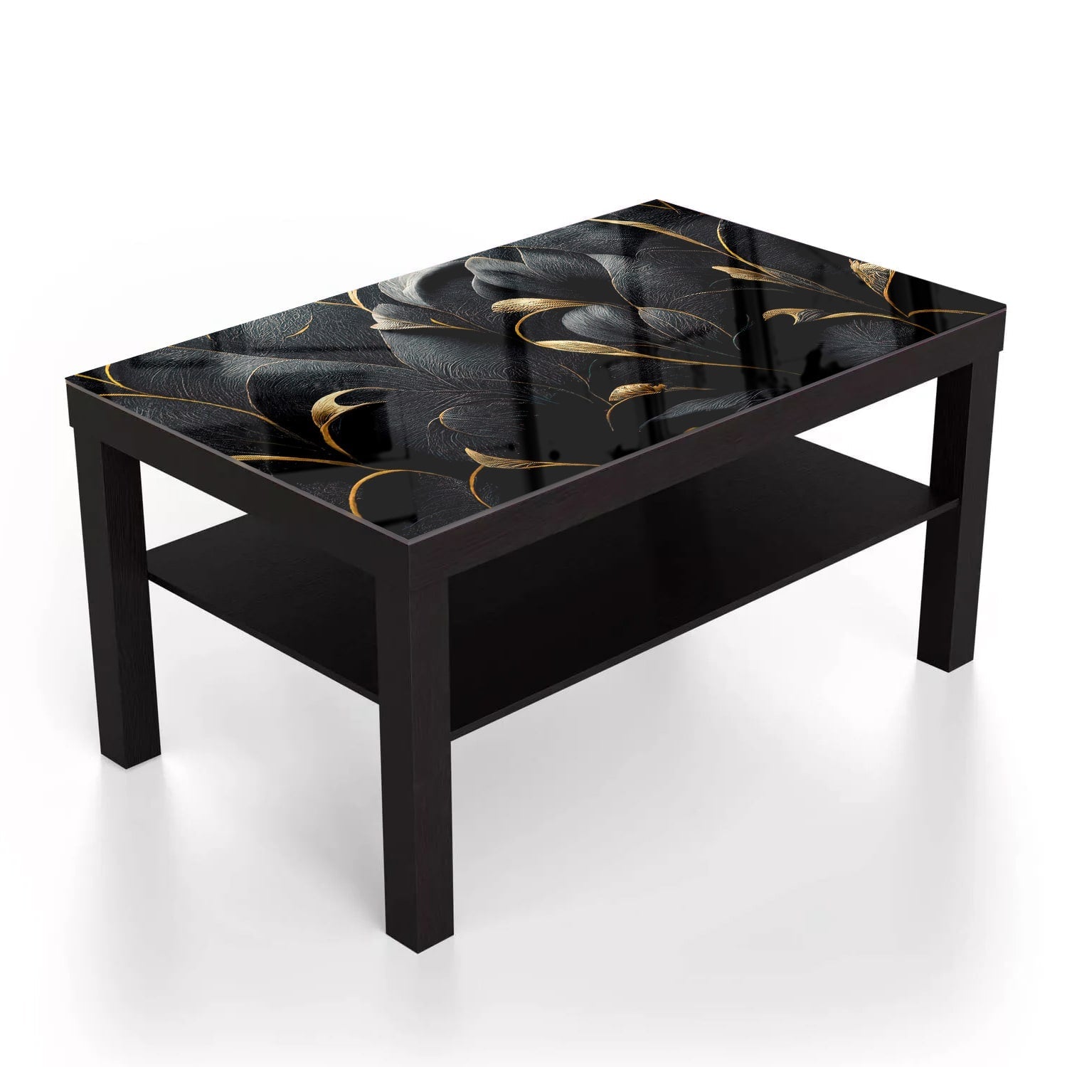 Salontafel 90x55 - Gehard Glas - Luxe Zwarte en Gouden Bloemenpatroon