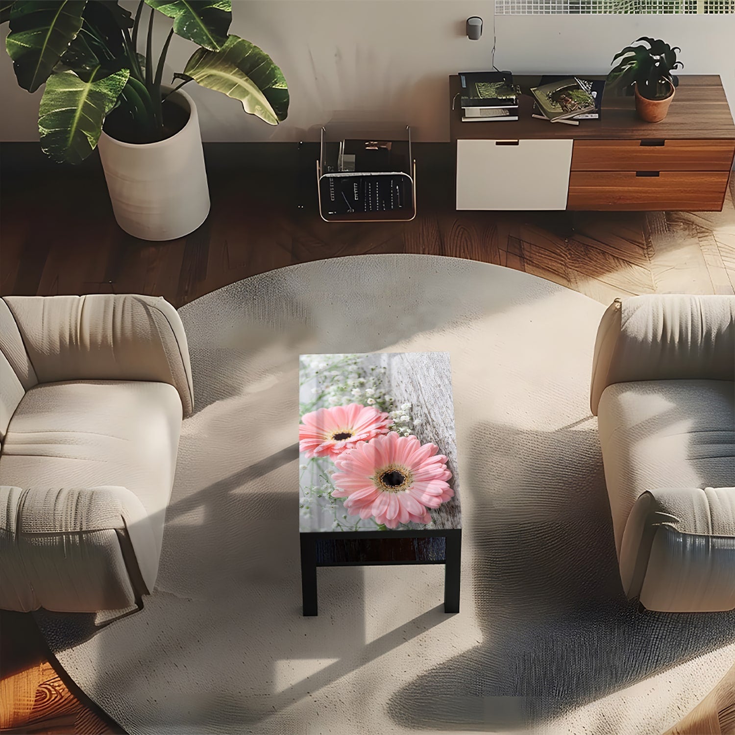 Salontafel 90x55 - Gehard Glas - Roze Gerbera