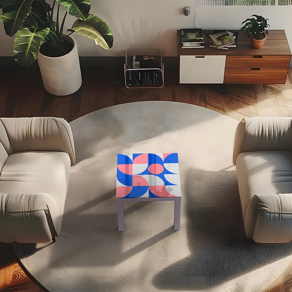 Salontafel 55x55 - Gehard Glas - Blauw/Oranje Abstract Kunstwerk