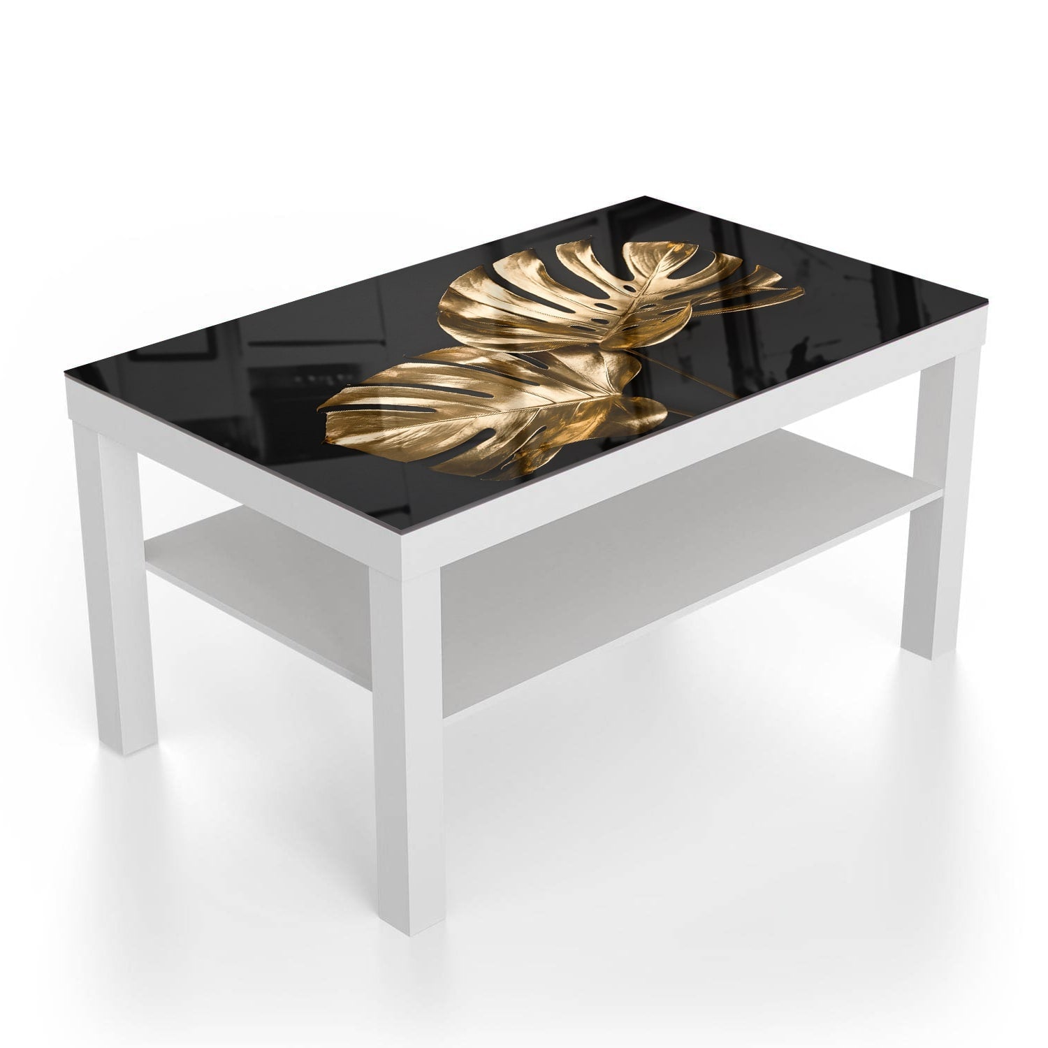 Salontafel 90x55 - Gehard Glas - Luxueuze Gouden Monstera Bladeren