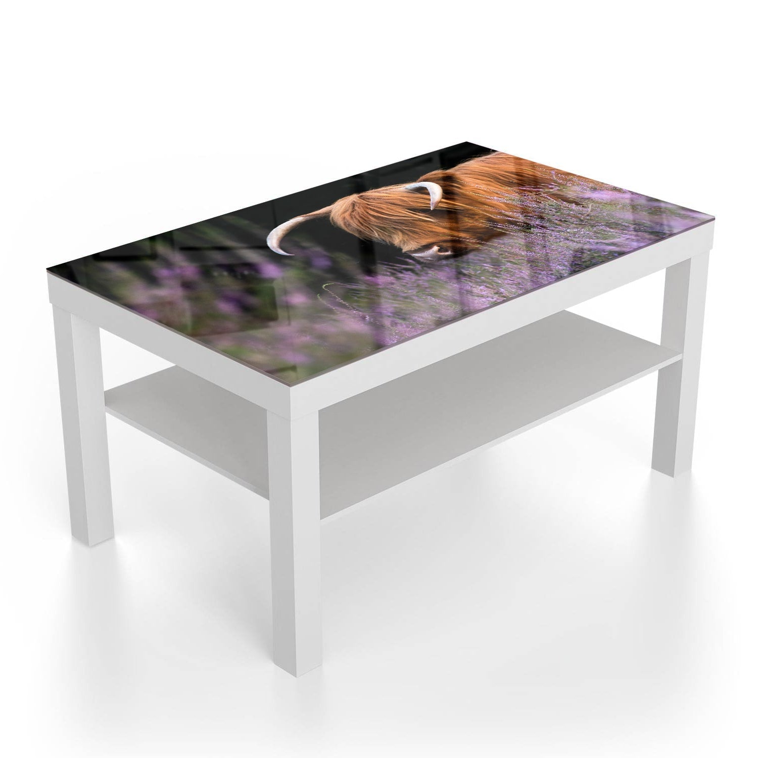 Salontafel 90x55 - Gehard Glas - Schotse Hooglander Tussen de Bloemen