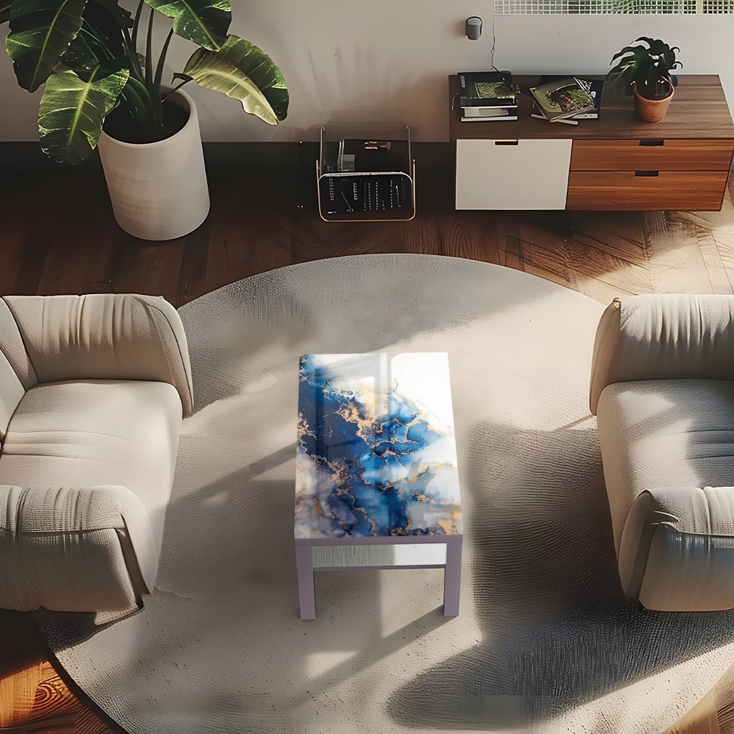 Salontafel 90x55 - Gehard Glas - Luxe Blauw-Goud Marmer
