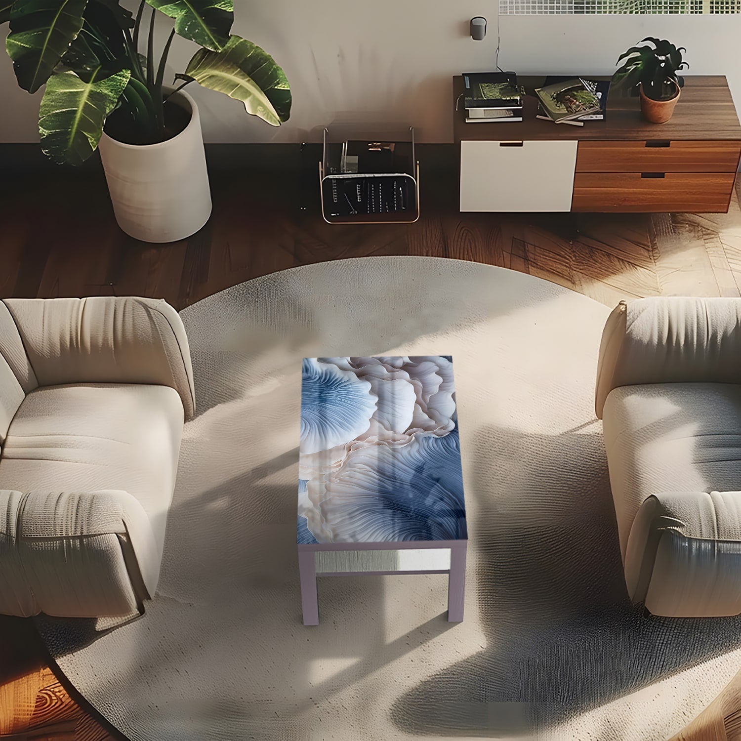 Salontafel 90x55 - Gehard Glas - Blauwe Paddenstoelen Textuur