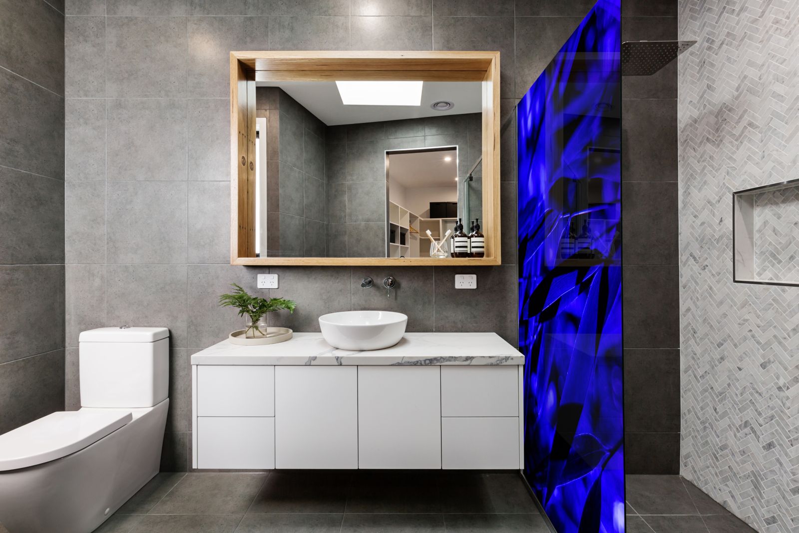 Inloopdouche - Extra helder glas - Thermisch gehard en gelaagd veiligheidsglas - Bladeren met blauwe gloed