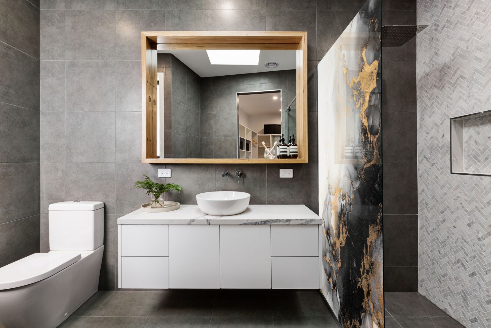 Inloopdouche - Extra helder glas - Thermisch gehard en gelaagd veiligheidsglas - Marmer wit/zwart/goud