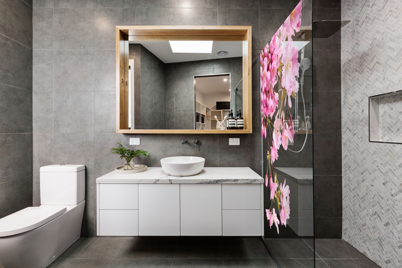 Inloopdouche - Extra helder glas - Thermisch gehard en gelaagd veiligheidsglas - Roze lente kersenbloesem