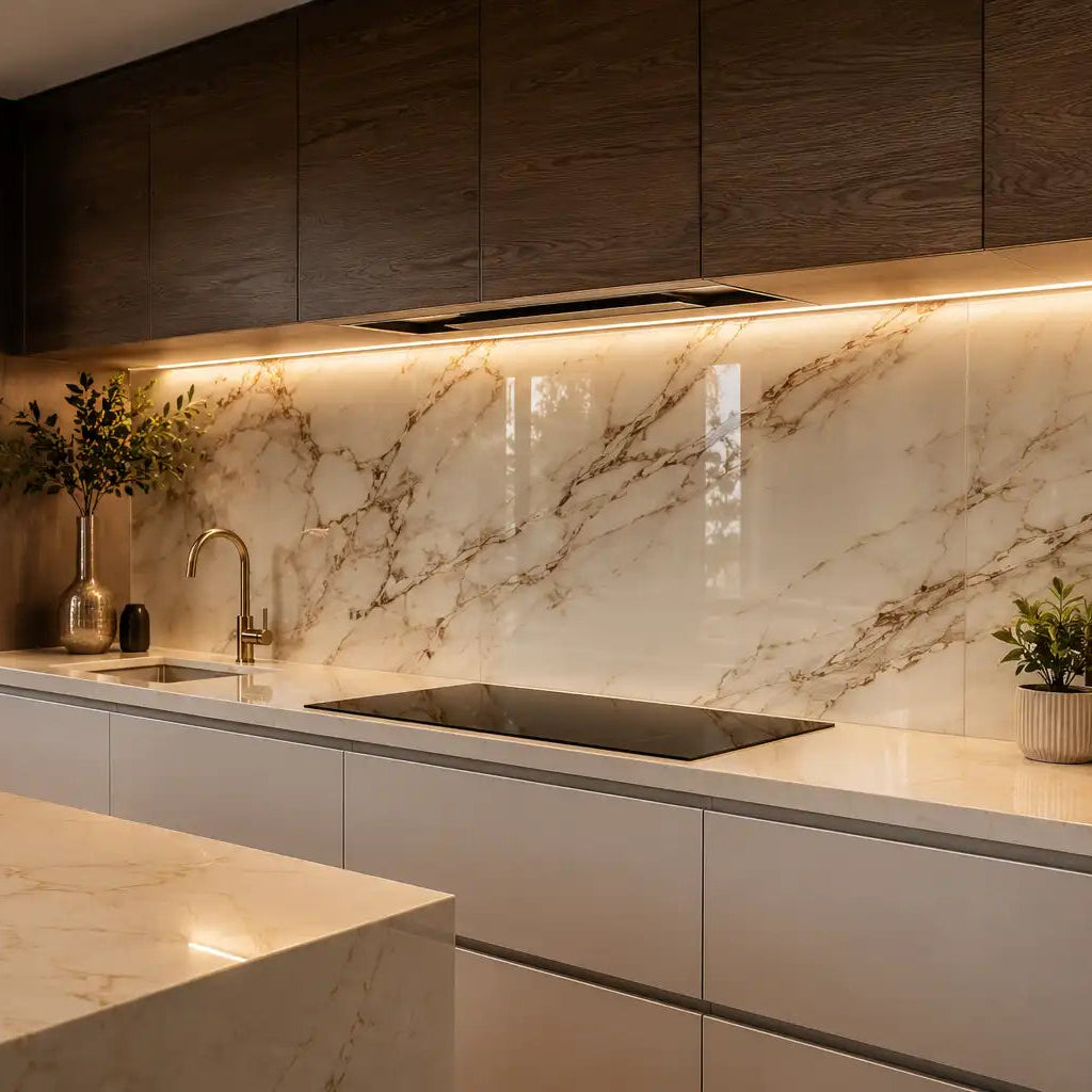 Moderne keuken met glazen keuken achterwanden.