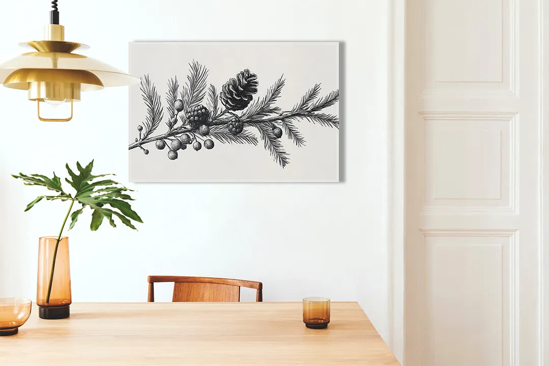 Kurkborden op canvas met zwart-witte tak met bessen – formaat 100 × 70 cm